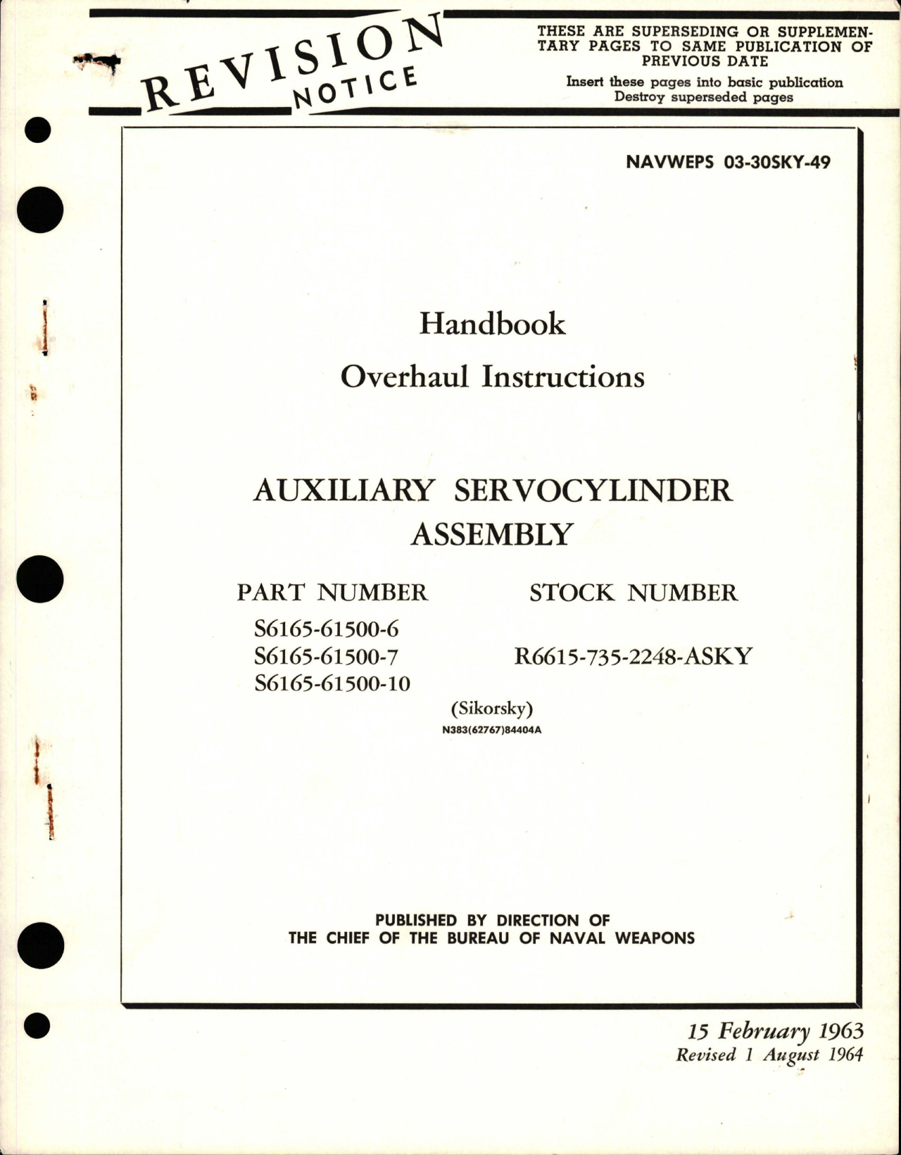 Sample page 1 from AirCorps Library document: Overhaul Instructions for Auxiliary Servocylinder Assembly - Parts S6165-61500-6, S6165-61500-7, and S6165-61500-10