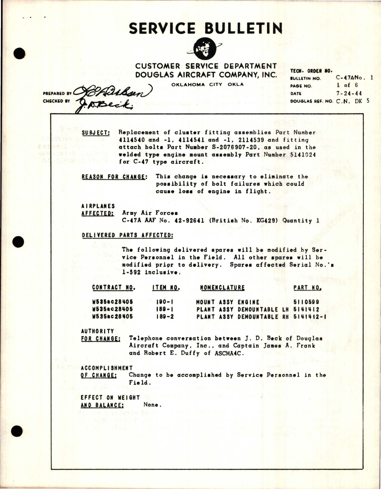 Sample page 1 from AirCorps Library document: Replacement of Cluster Fitting Assemblies - Part 4114540, 4114540-1, 4114541, 4114541-1, 2114539 - for C-47