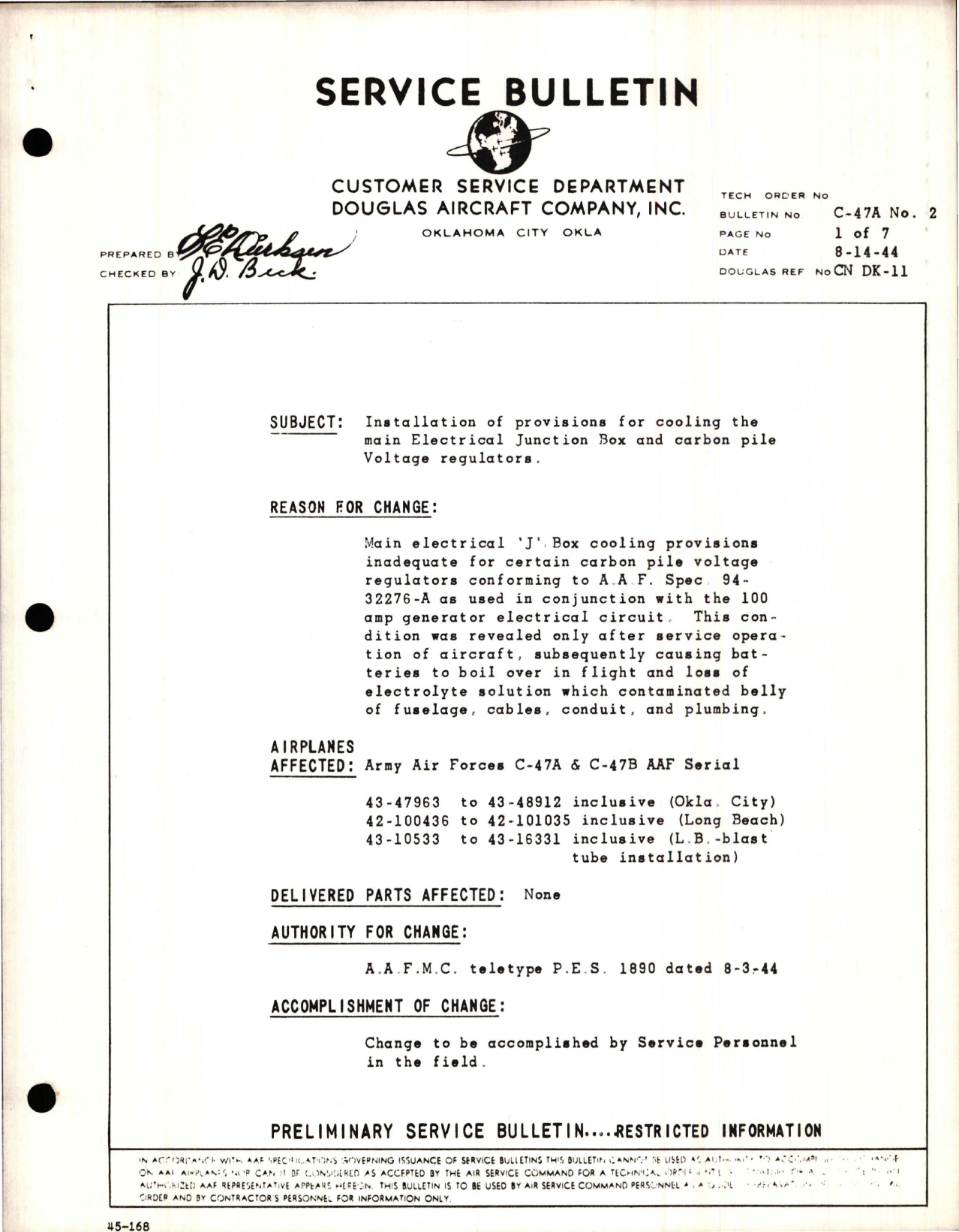 Sample page 1 from AirCorps Library document: Installation of Provisions for Cooling the Main Electrical Junctions Box & Carbon Pile Voltage Regulators