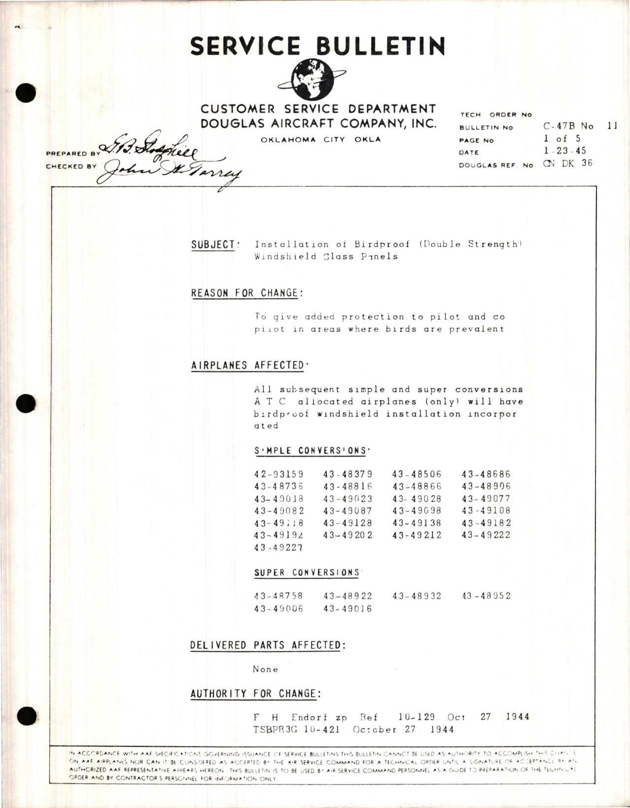 Sample page 1 from AirCorps Library document: Installation of Birdproof (Double Strength) Windshield Glass Panels