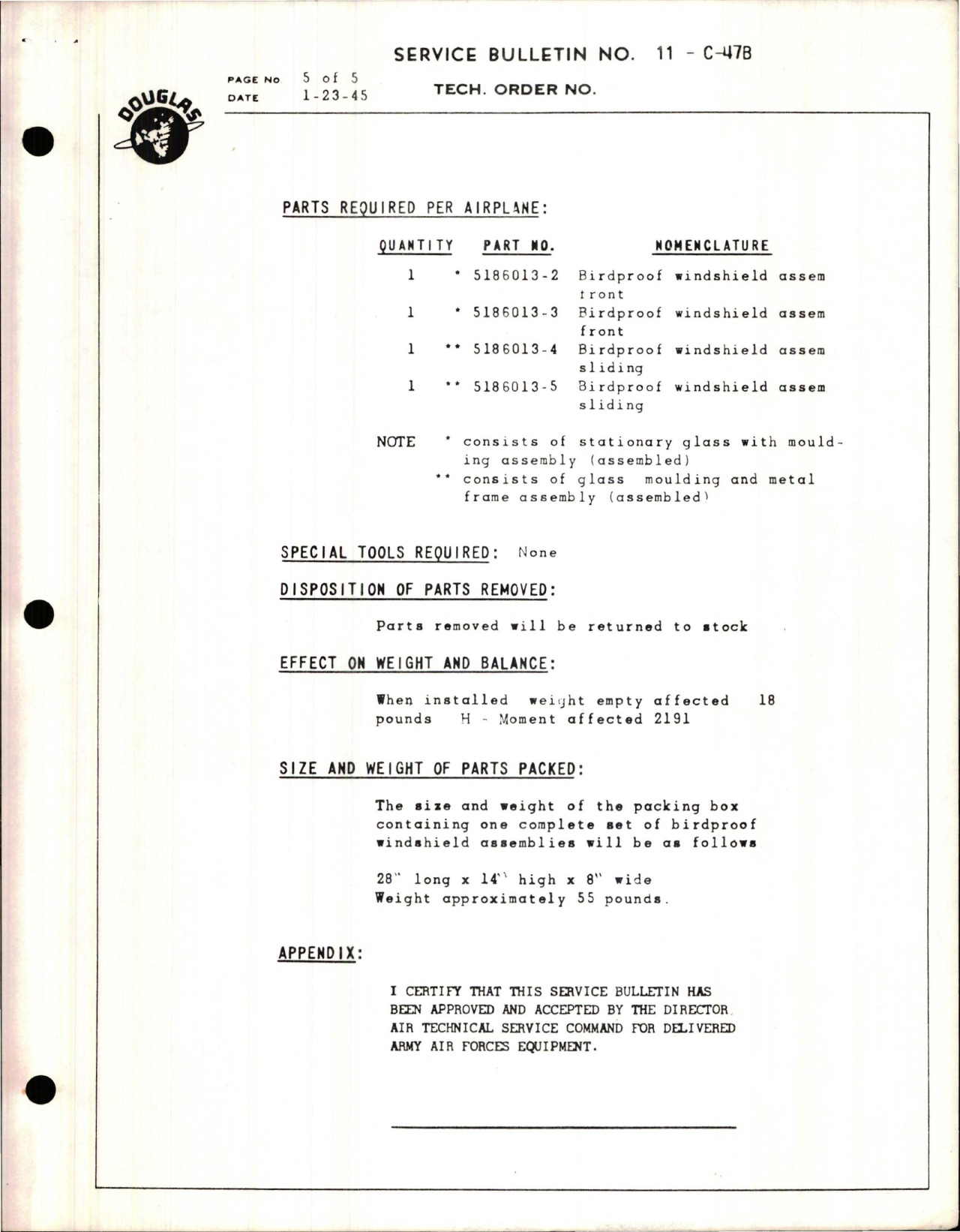 Sample page 5 from AirCorps Library document: Installation of Birdproof (Double Strength) Windshield Glass Panels