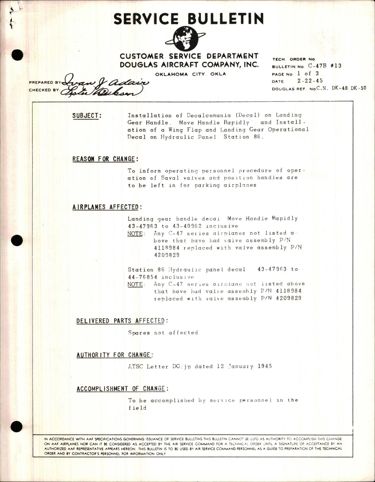 Sample page 1 from AirCorps Library document: Installation of Decalcomania (Decal) on Landing Gear Handle, Move Handle Rapidly, Install Wing Flap and Landing Gear on Hydraulic Panel Sta 86