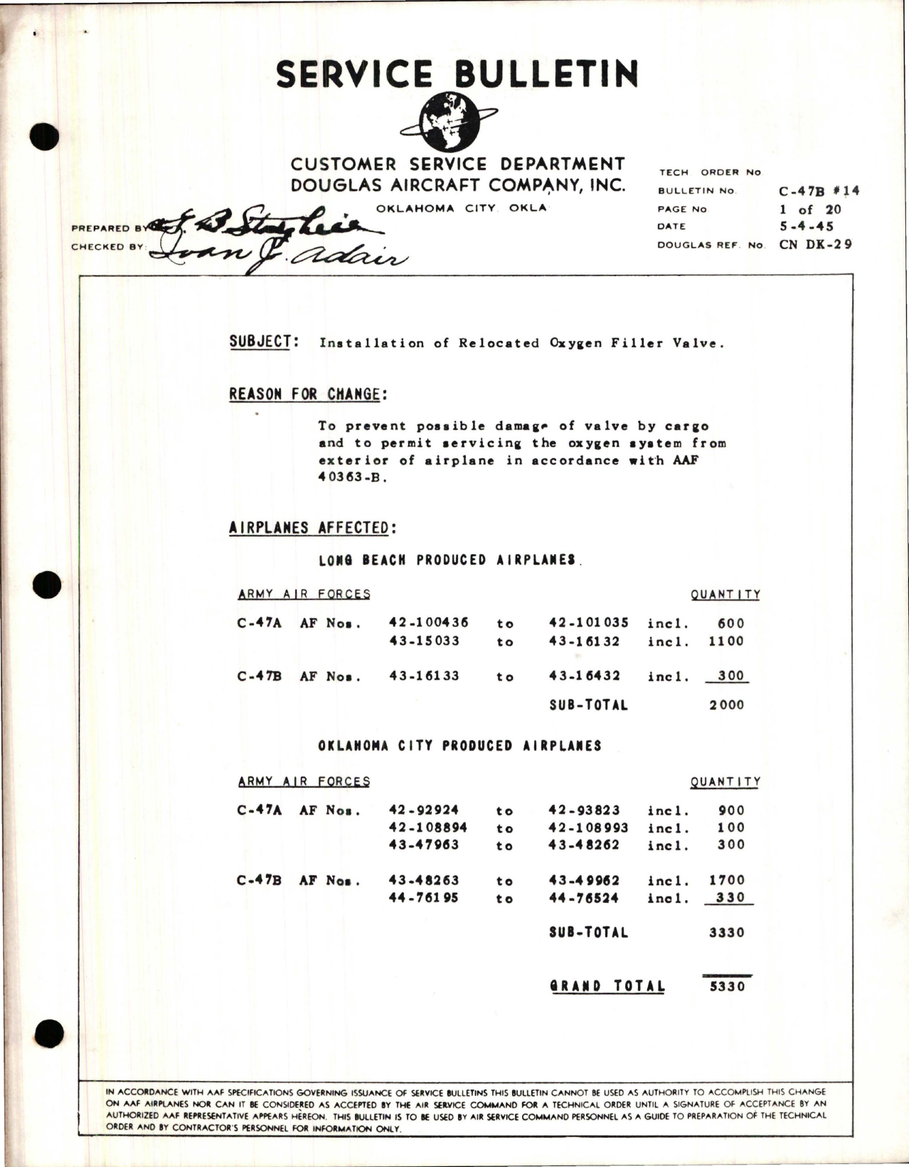 Sample page 1 from AirCorps Library document: Installation of Relocated Oxygen Filler Valve
