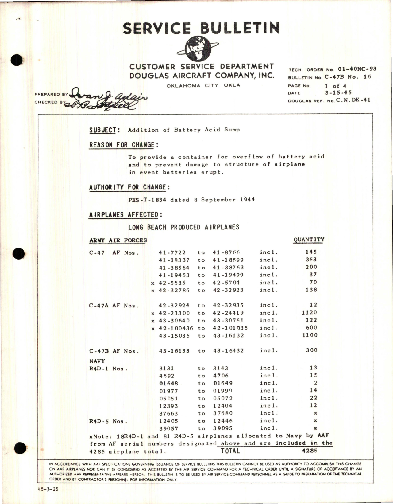 Sample page 1 from AirCorps Library document: Addition of Battery Acid Sump