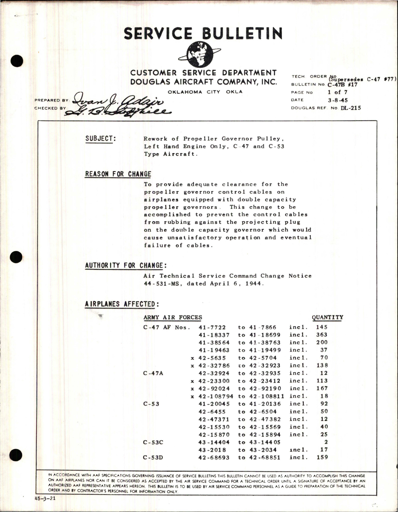 Sample page 1 from AirCorps Library document: Rework of Propeller Governor Pulley - Left Hand Engine Only - C-47 and C-53