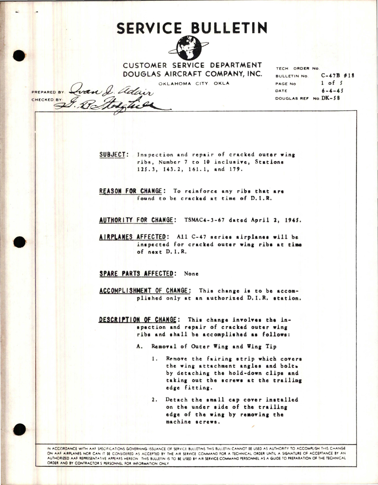 Sample page 1 from AirCorps Library document: Inspection and Repair of Cracked Outer Wing Ribs - No. 7 to 10 Inclusive - Stations 125.3, 143.2, 161.1, and 179