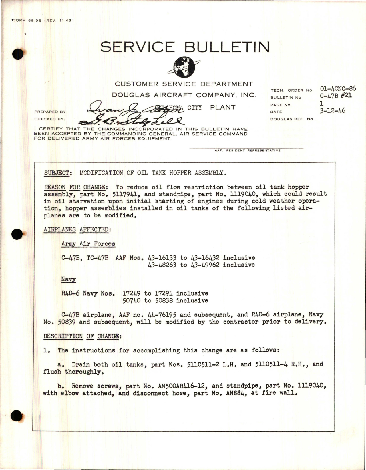 Sample page 1 from AirCorps Library document: Modification of Oil Tank Hopper Assembly