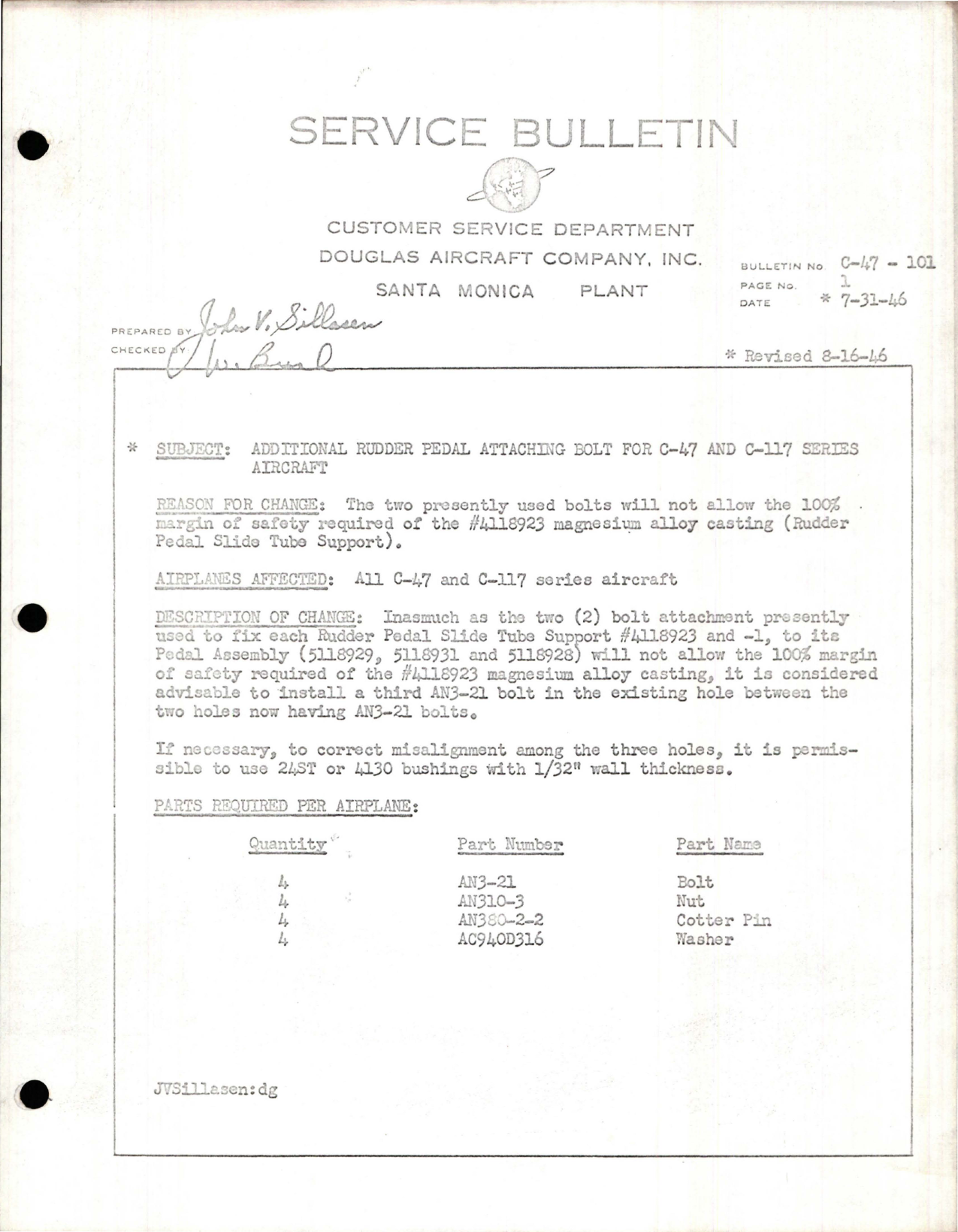 Sample page 1 from AirCorps Library document: Additional Rudder Pedal Attaching Bolt for C-47 & C-117 Series