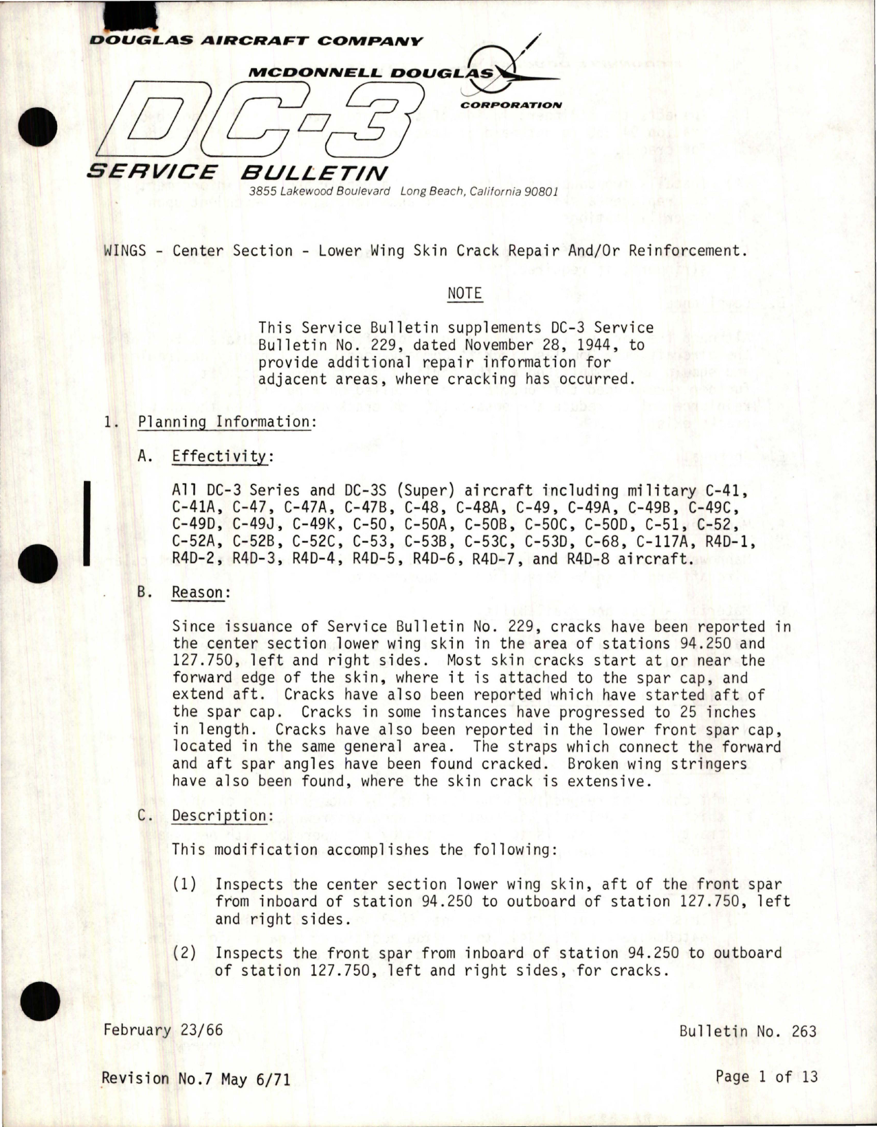 Sample page 1 from AirCorps Library document: Wings - Center Section - Lower Wing Skin Crack Repair and-or Reinforcement for DC-3