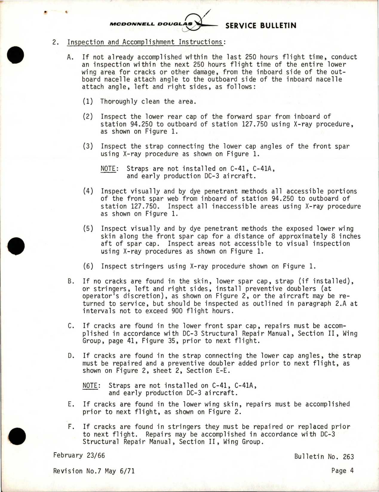 Sample page 7 from AirCorps Library document: Wings - Center Section - Lower Wing Skin Crack Repair and-or Reinforcement for DC-3