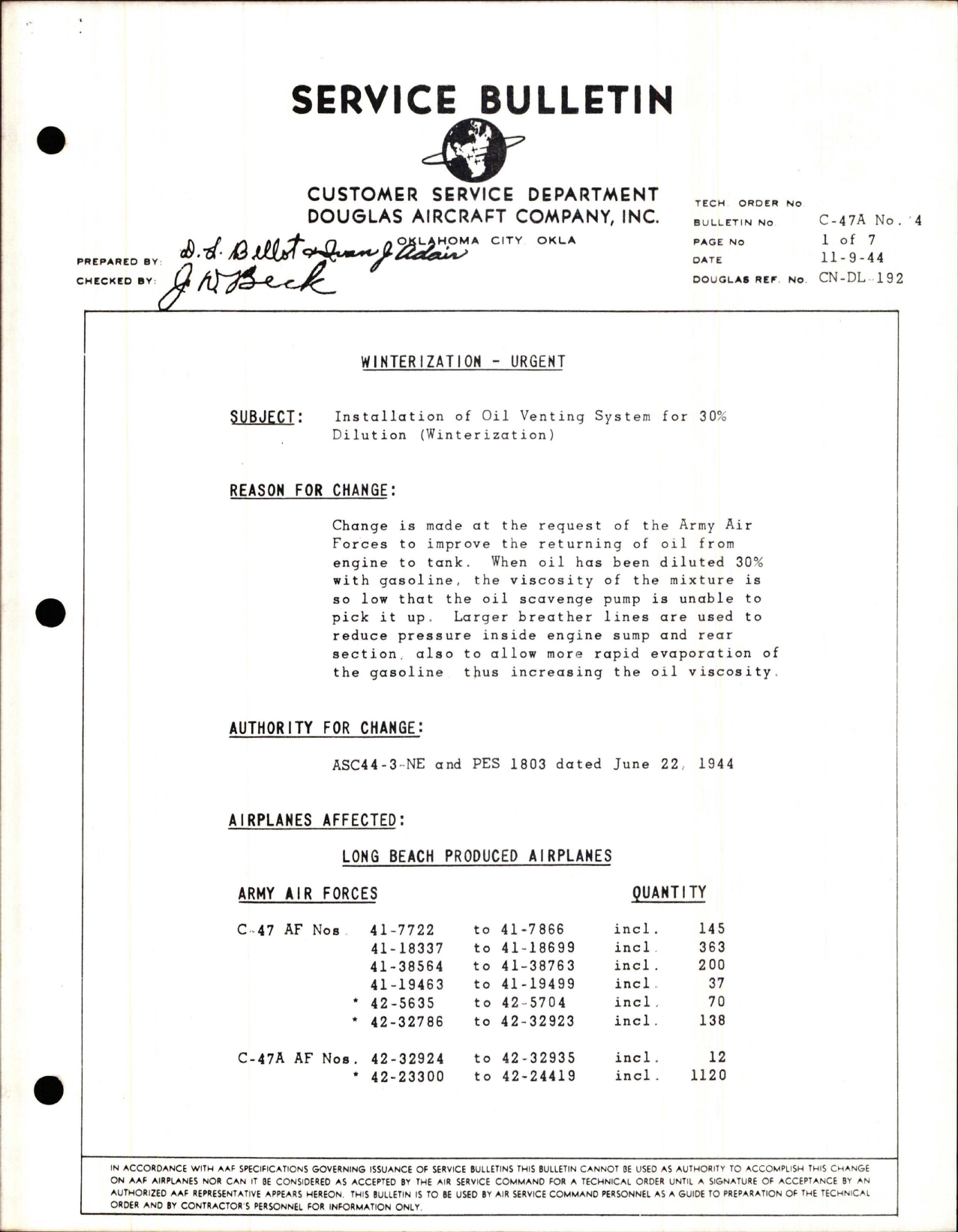 Sample page 1 from AirCorps Library document: Installation of Oil Venting System for 30% Dilution (Winterization)
