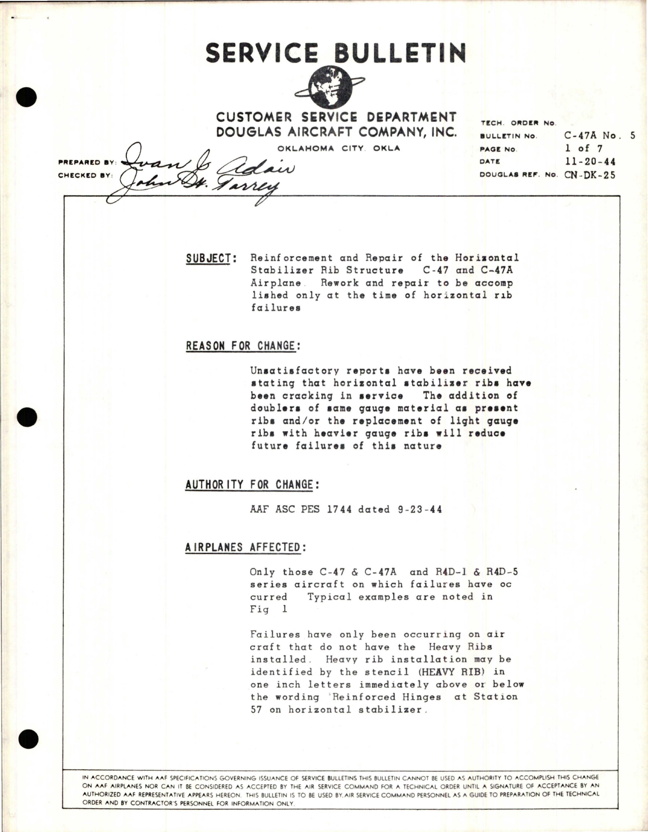 Sample page 1 from AirCorps Library document: Reinforcement and Repair of the Horizontal Stabilizer Rib Structure - Rework and Repair to be Accomplished only at the of Horizontal Rib Failures