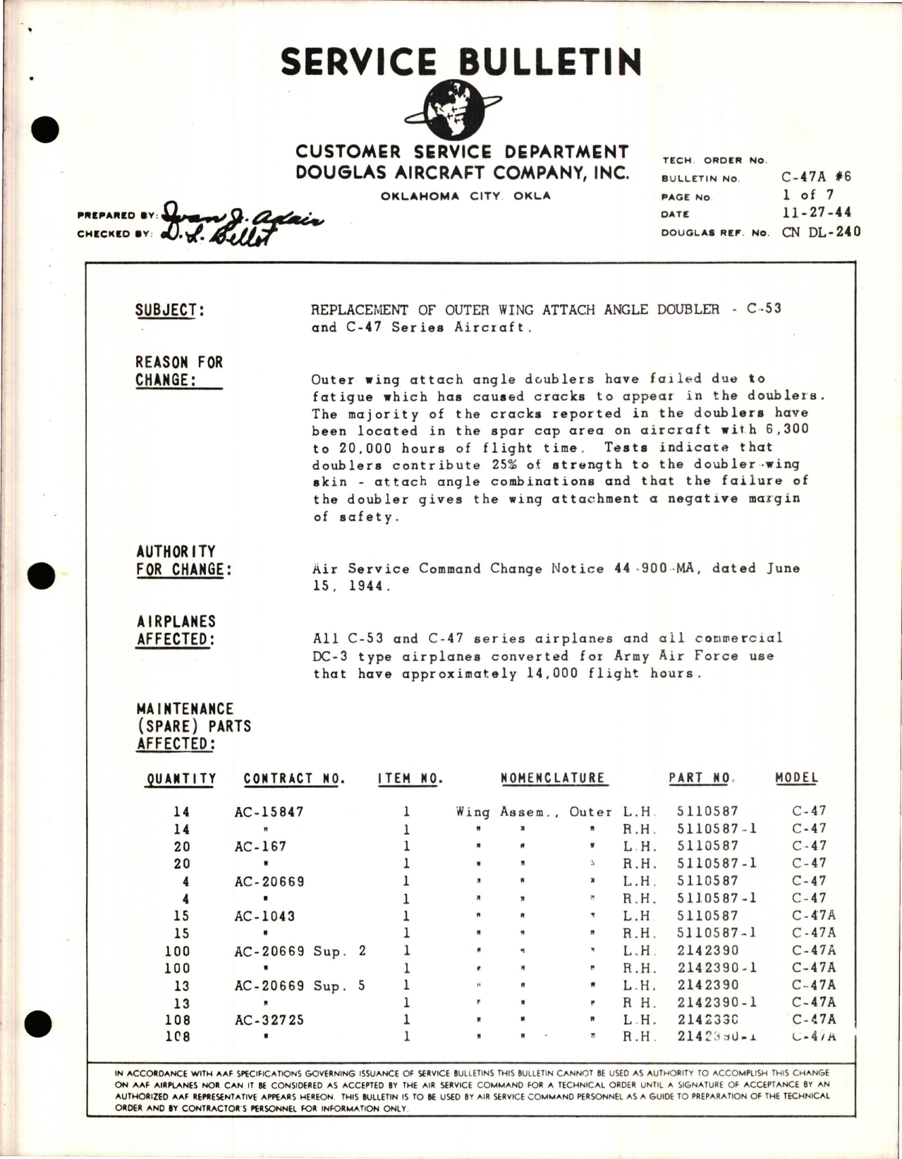 Sample page 1 from AirCorps Library document: Replacement of Outer Wing Attach Angle Doubler for C-53 and C-47