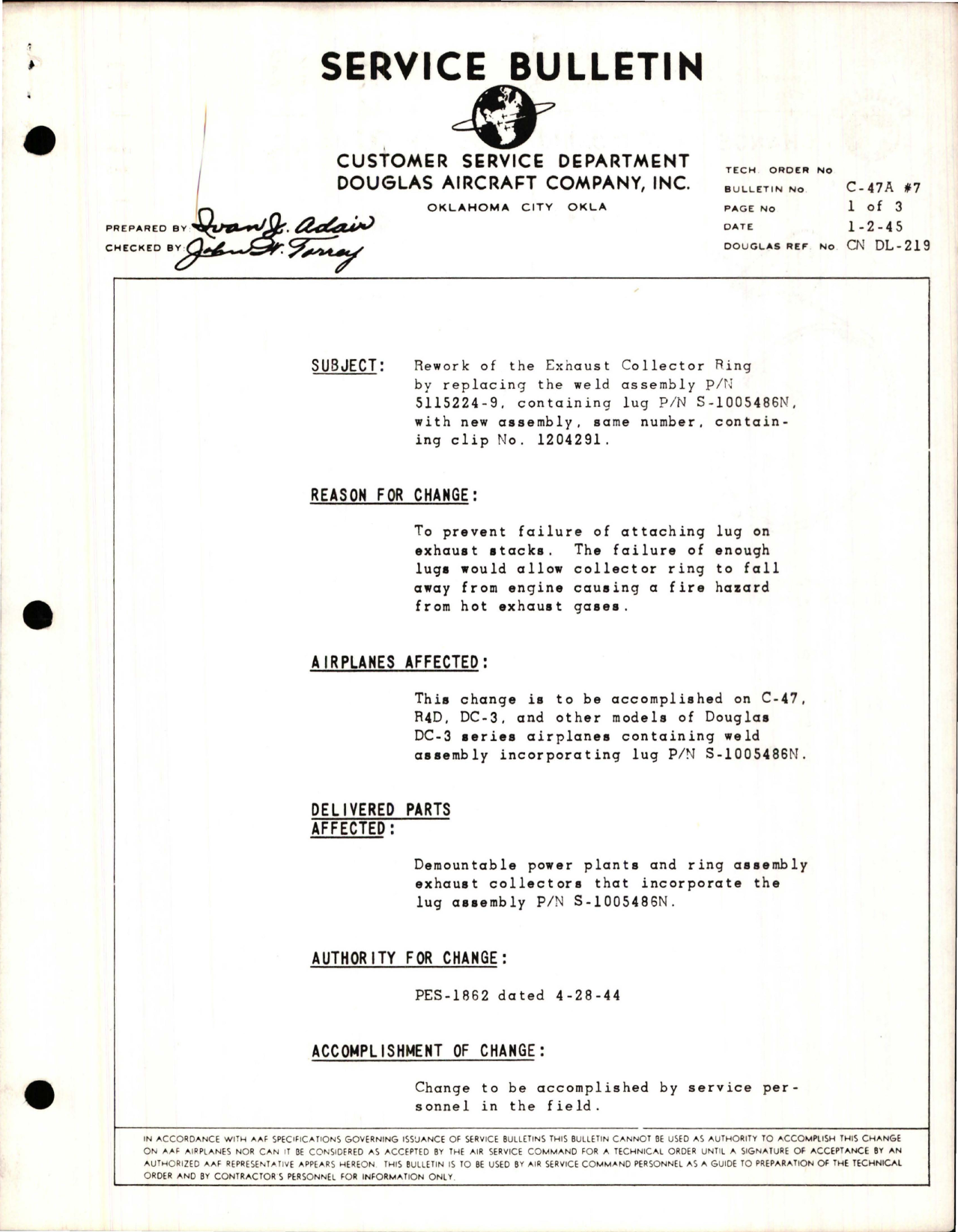 Sample page 1 from AirCorps Library document: Rework of the Exhaust Collector Ring by Replacing the Weld Assembly - Part 5115224-9 - Containing Lug Part S-1005486N