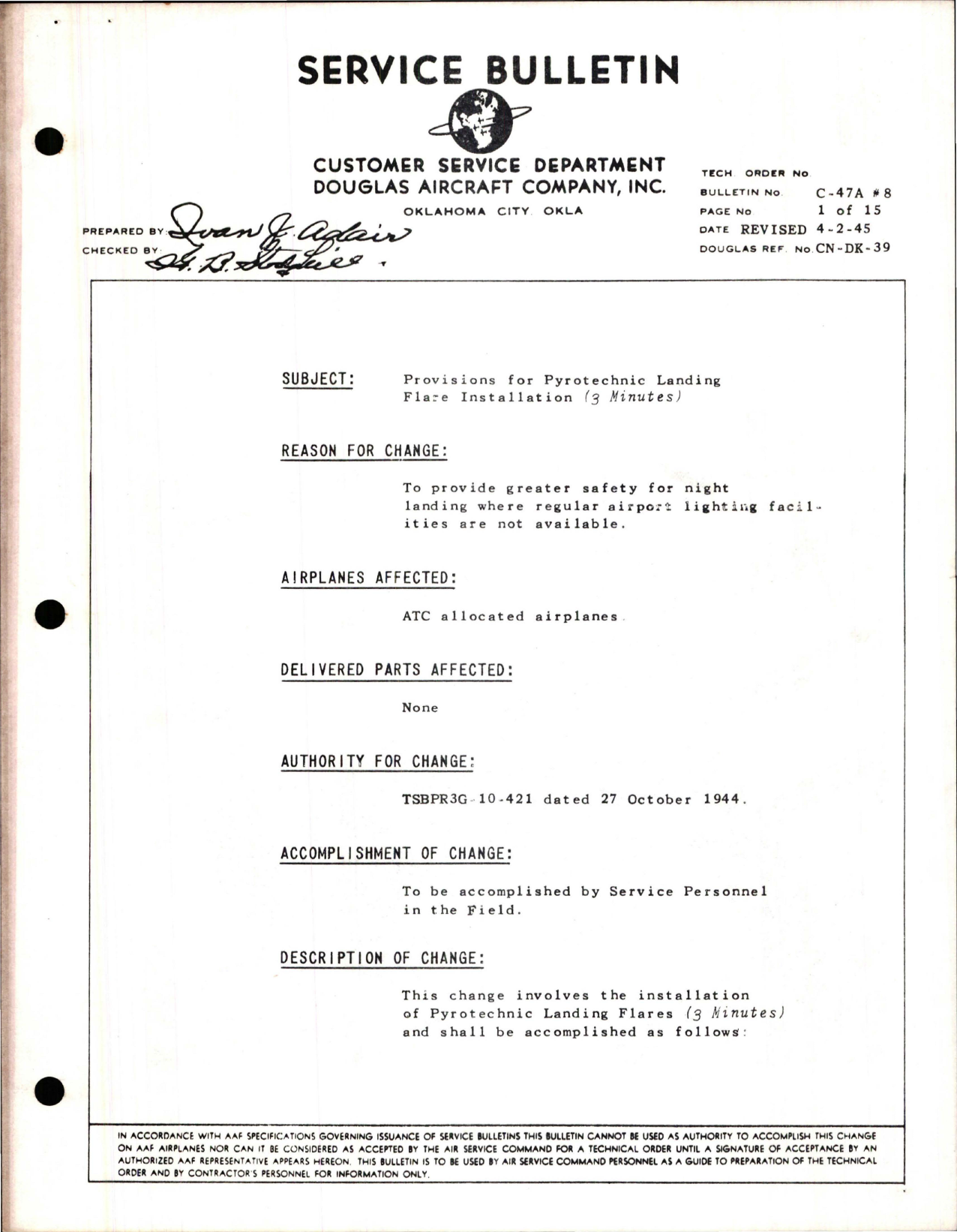 Sample page 1 from AirCorps Library document: Provisions for Pyrotechnic Landing Flaze Installation (3 Minutes)