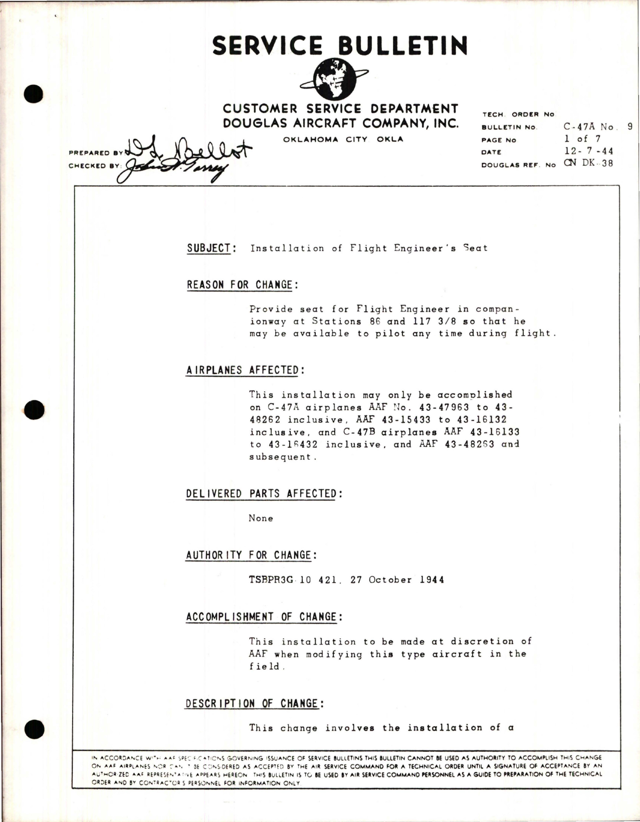 Sample page 1 from AirCorps Library document: Installation of Flight Engineer's Seat