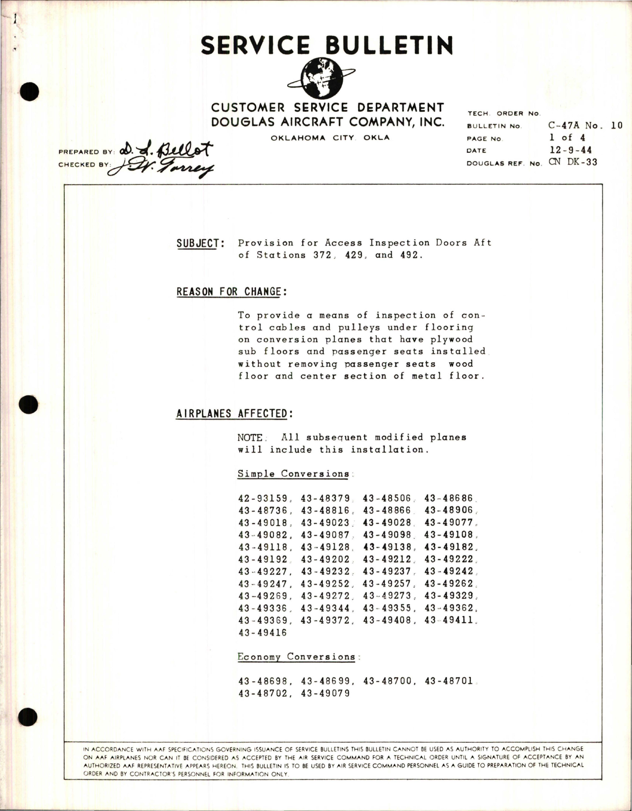 Sample page 1 from AirCorps Library document: Provision for Access Inspection Doors Aft of Stations 372, 429, and 492