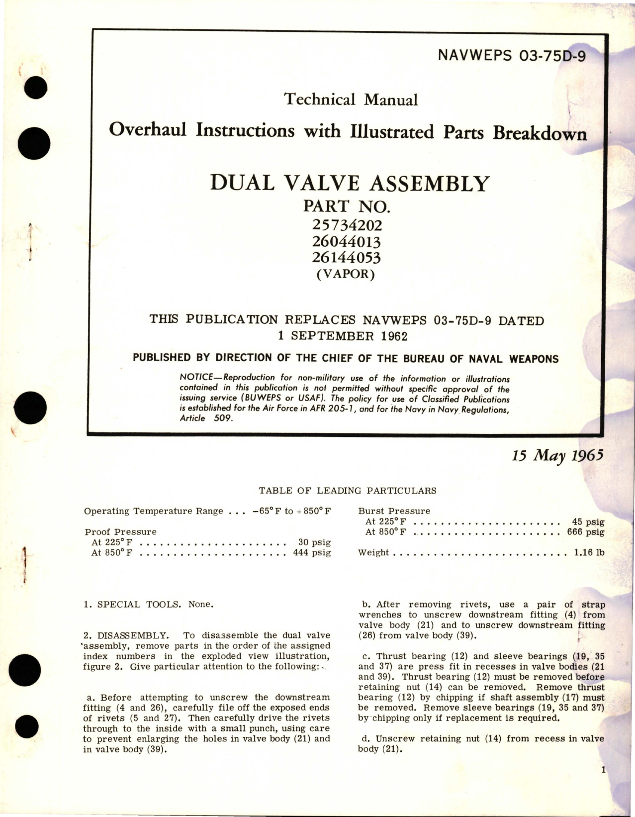 Sample page 1 from AirCorps Library document: Overhaul Instructions with Illustrated Parts Breakdown for Dual Valve Assembly - Parts 25734202, 26044013, and 26144053