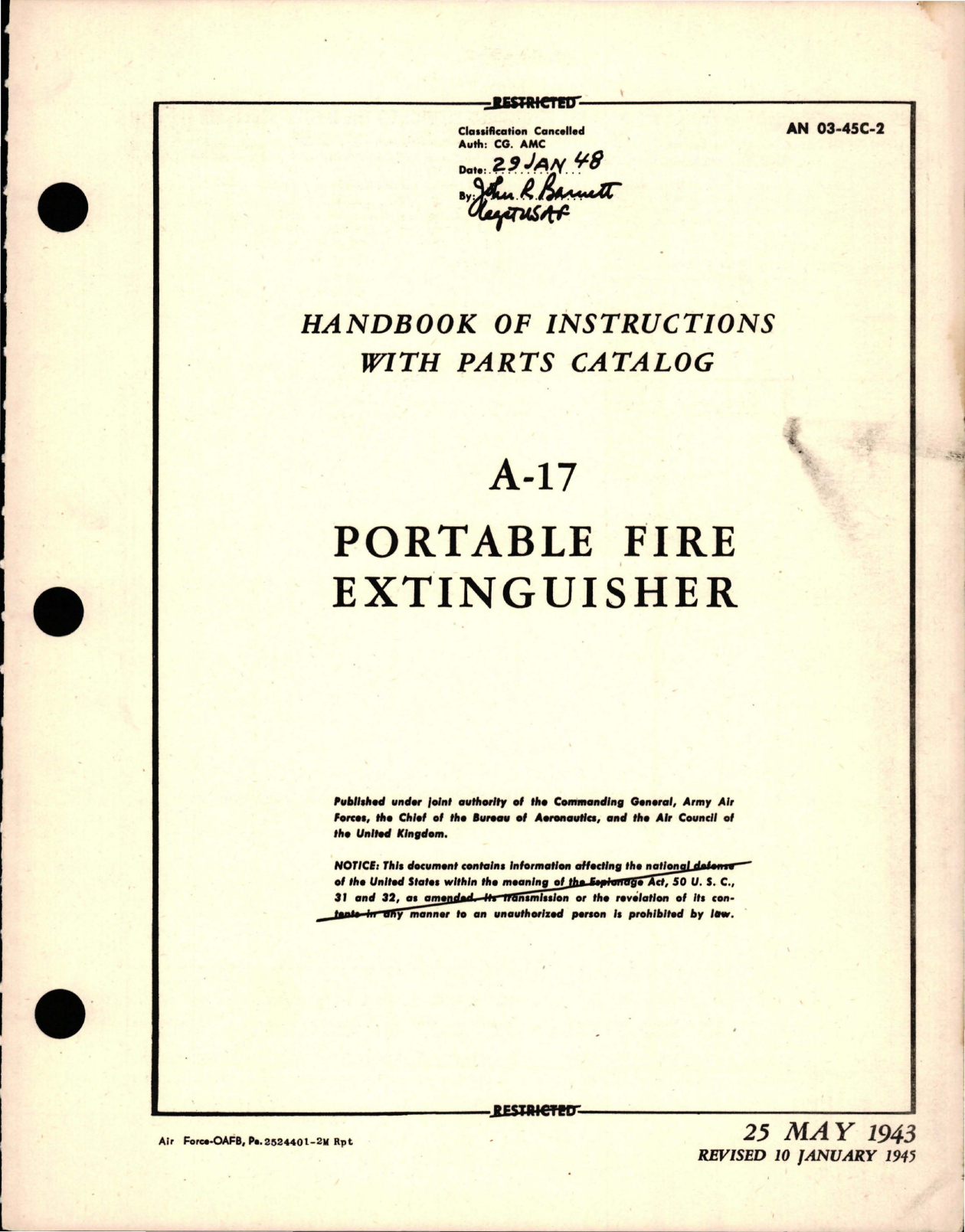 Sample page 1 from AirCorps Library document: Instructions with Parts Catalog for A-17 Portable Fire Extinguisher