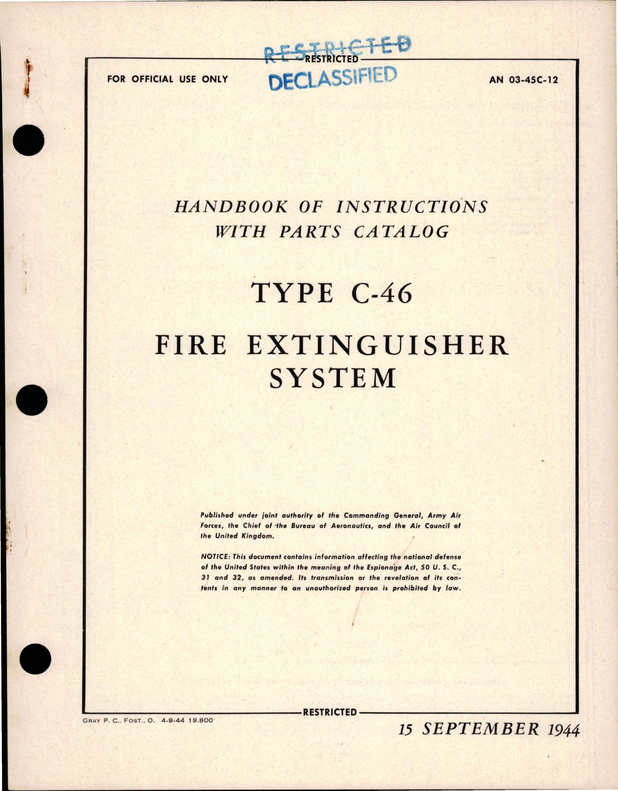 Sample page 1 from AirCorps Library document: Instructions with Parts Catalog for Type C-46 Fire Extinguisher System