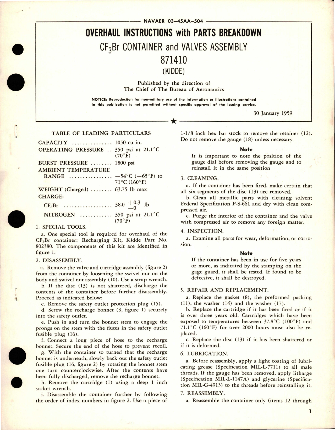 Sample page 1 from AirCorps Library document: Overhaul Instructions with Parts Breakdown for CF3Br Container & Valves Assembly - 871410