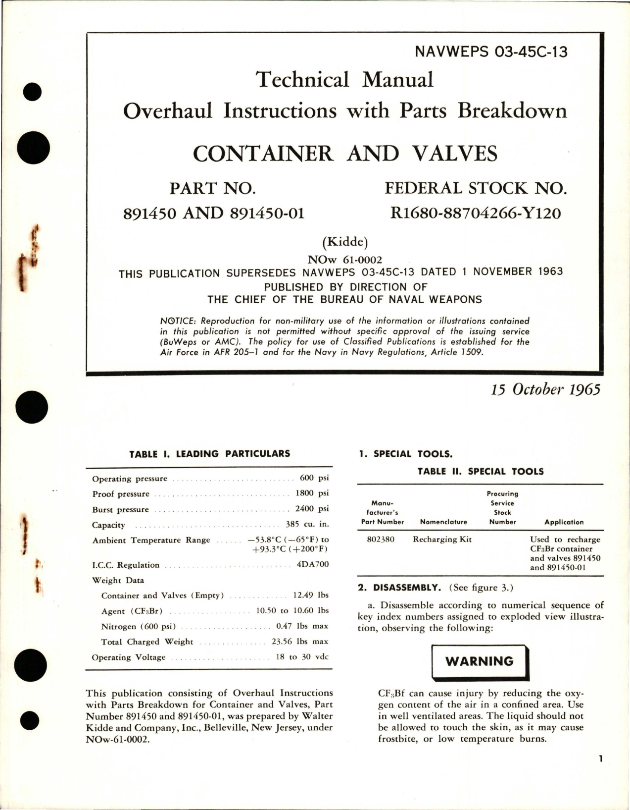 Sample page 1 from AirCorps Library document: Overhaul Instructions with Parts Breakdown for Container and Valves - Part 891450 and 891450-01