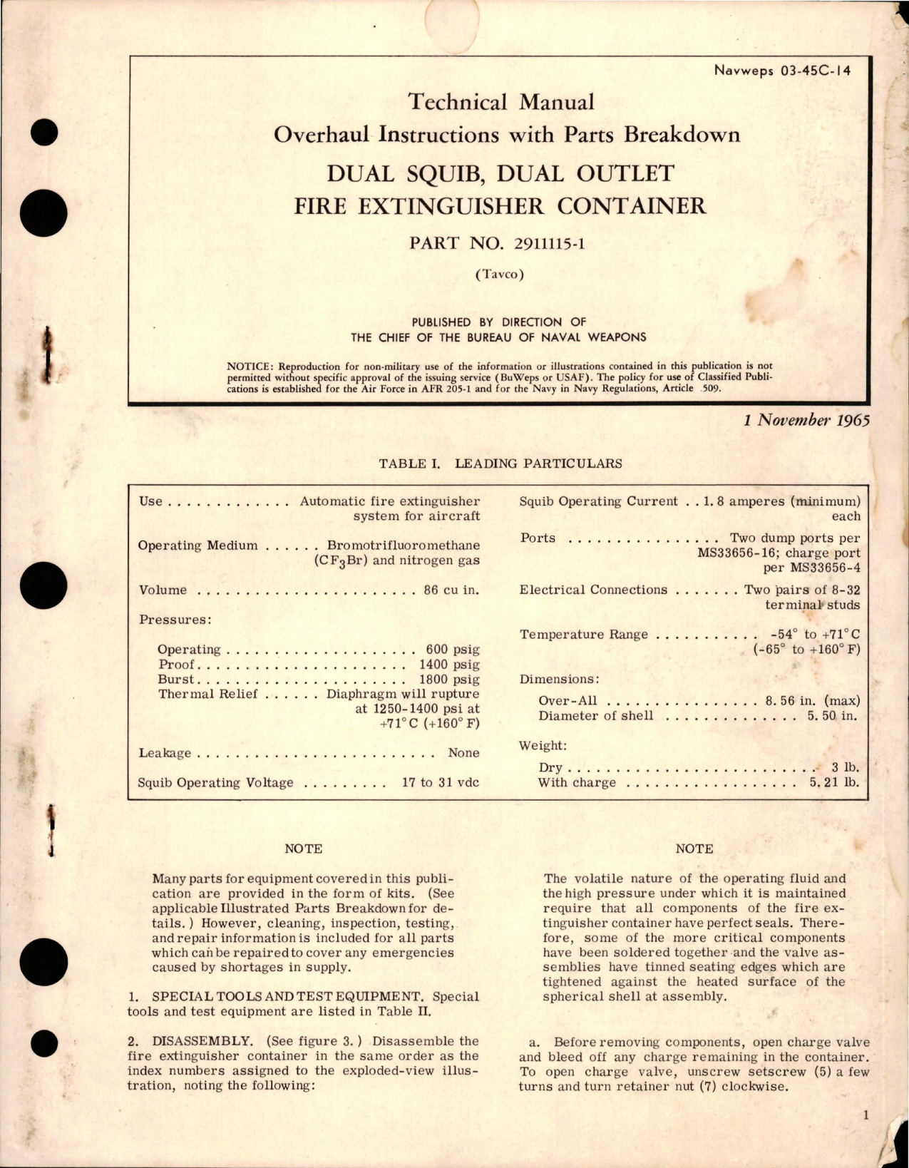 Sample page 1 from AirCorps Library document: Overhaul Instructions with Parts Breakdown for Dual Squib - Dual Outlet Fire Extinguisher Container - Part 2911115-1