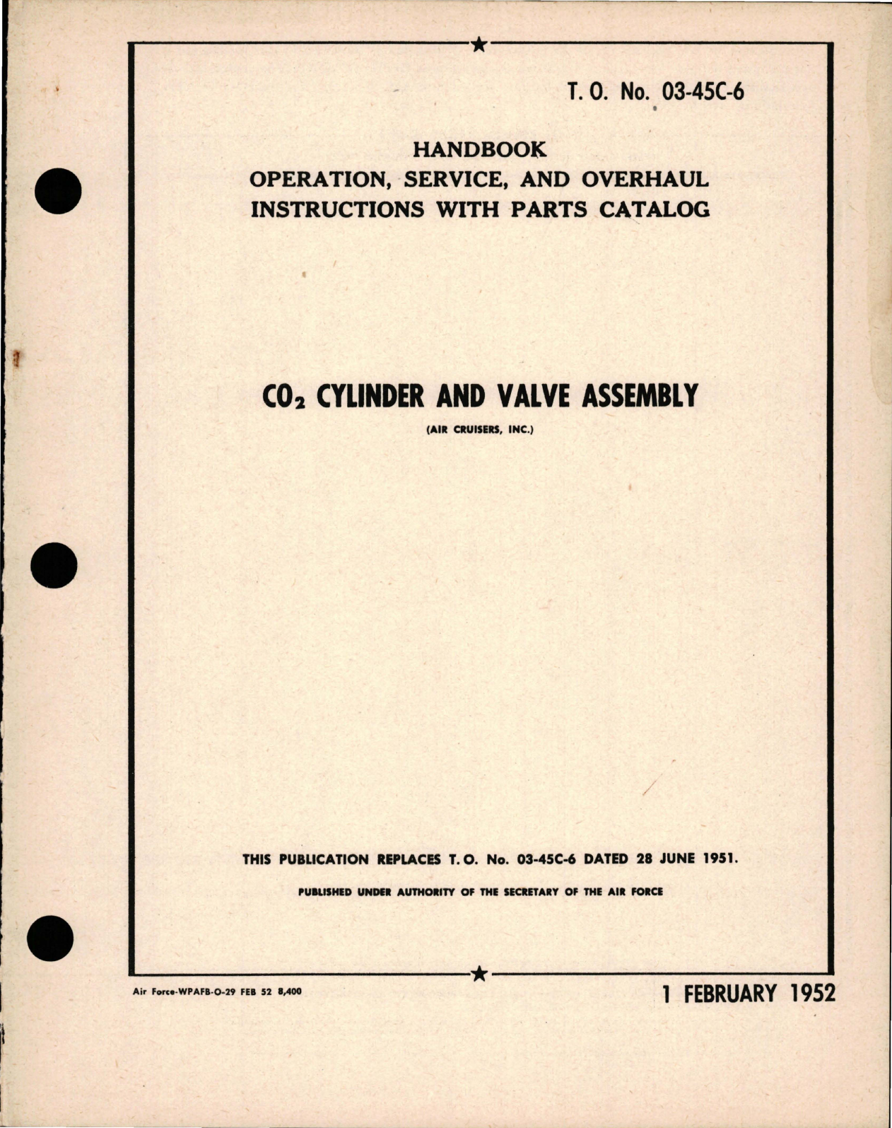 Sample page 1 from AirCorps Library document: Operation, Service and Overhaul Instructions with Parts Catalog for CO2 Cylinder and Valve Assembly