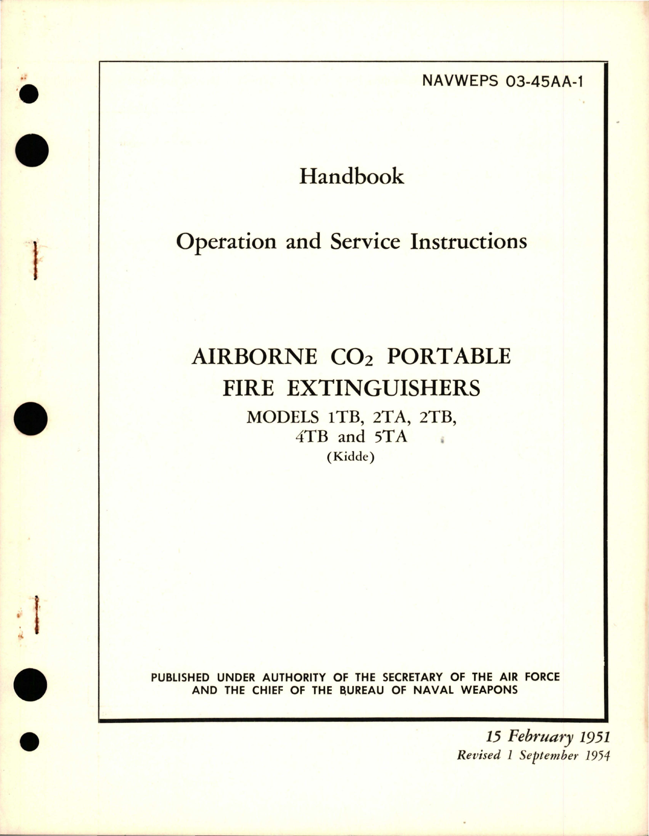 Sample page 1 from AirCorps Library document: Operation and Service Instructions for Airborne CO2 Portable Fire Extinguishers - Models 1TB, 2TA, 2TB, 4TB, and 5TA