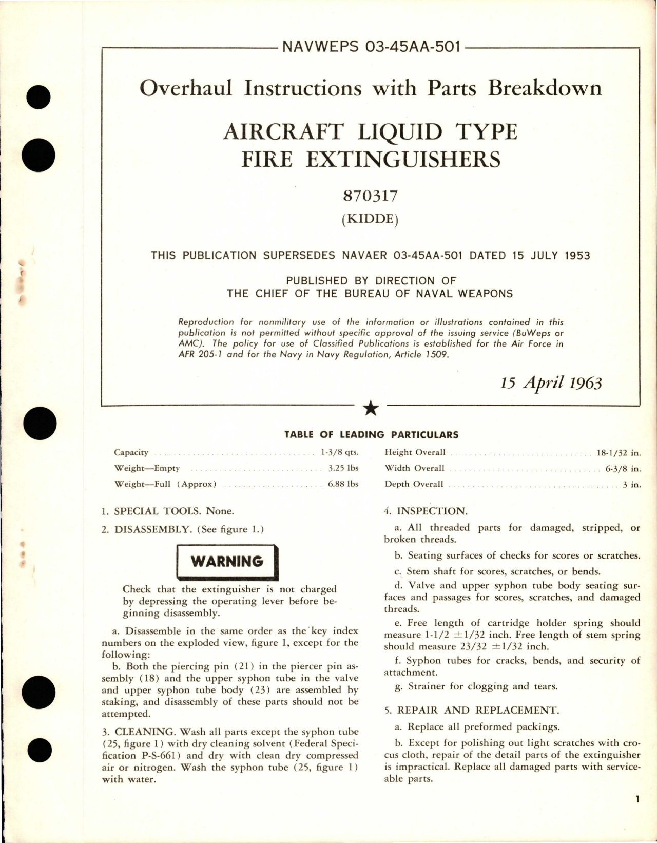 Sample page 1 from AirCorps Library document: Overhaul Instructions with Parts Breakdown for Aircraft Liquid Type Fire Extinguishers - 870317