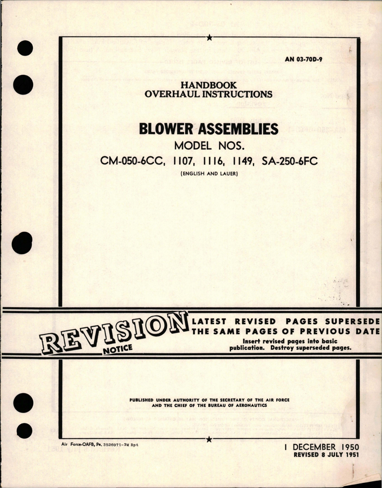 Sample page 1 from AirCorps Library document: Overhaul Instructions for Blower Assemblies - Models CM-050-6CC, 1107, 1116, 1149, and SA-250-6FC