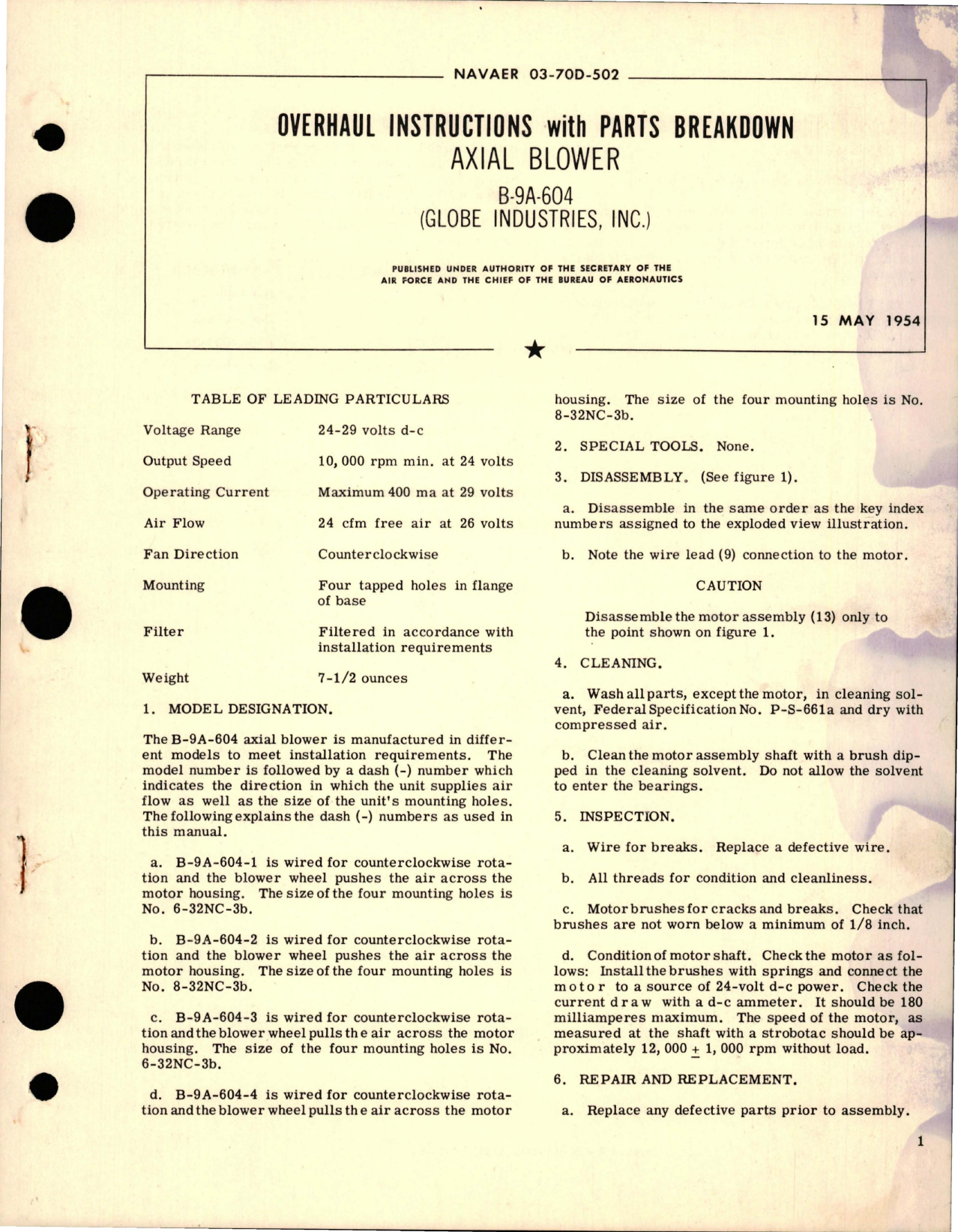 Sample page 1 from AirCorps Library document: Overhaul Instructions with Parts Breakdown for Axial Blower - B-9A-604