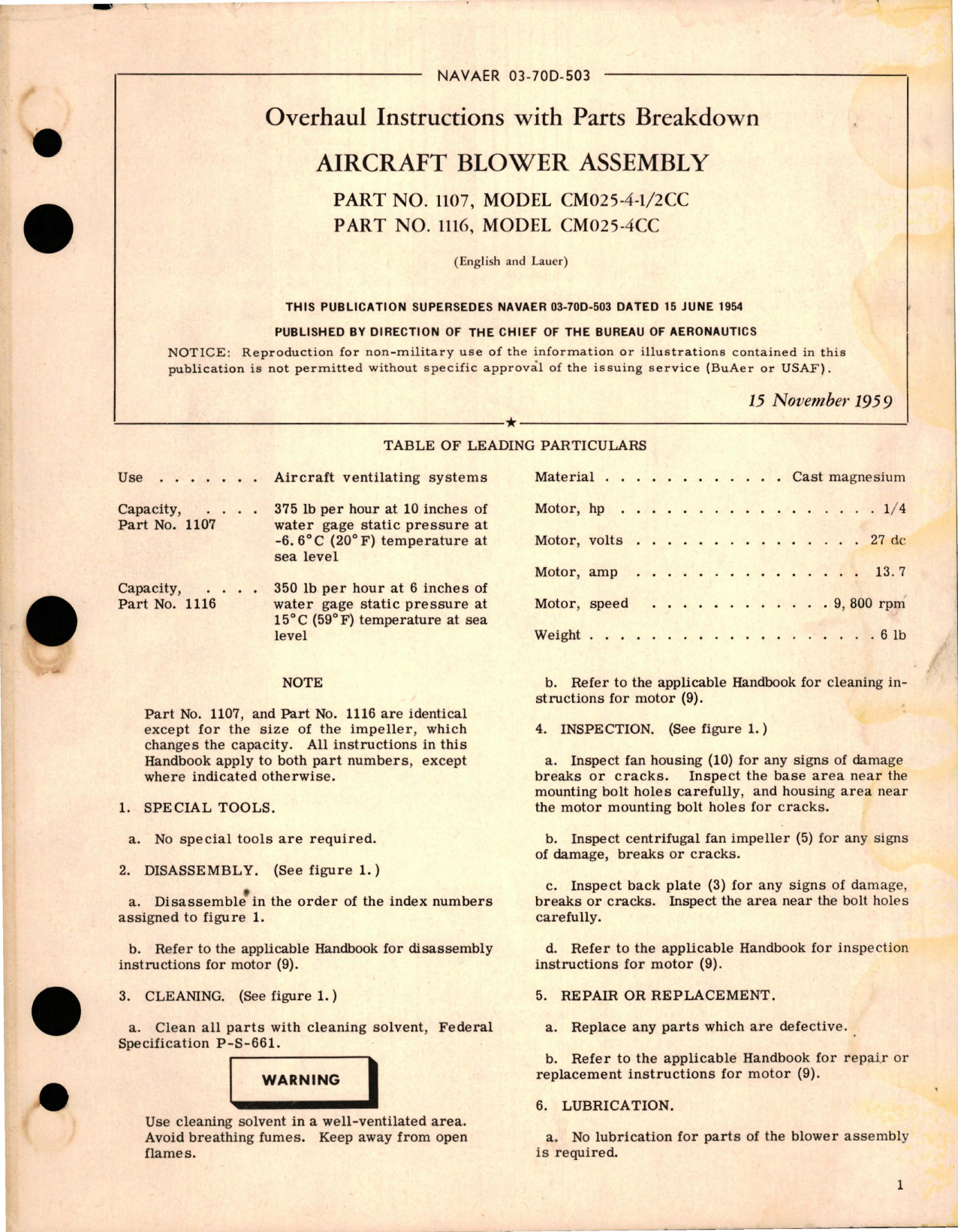 Sample page 1 from AirCorps Library document: Overhaul Instructions with Parts for Aircraft Blower Assembly - Part 1107 and 1116 - Models CM025-4-1 2 CC, and CM025-4CC