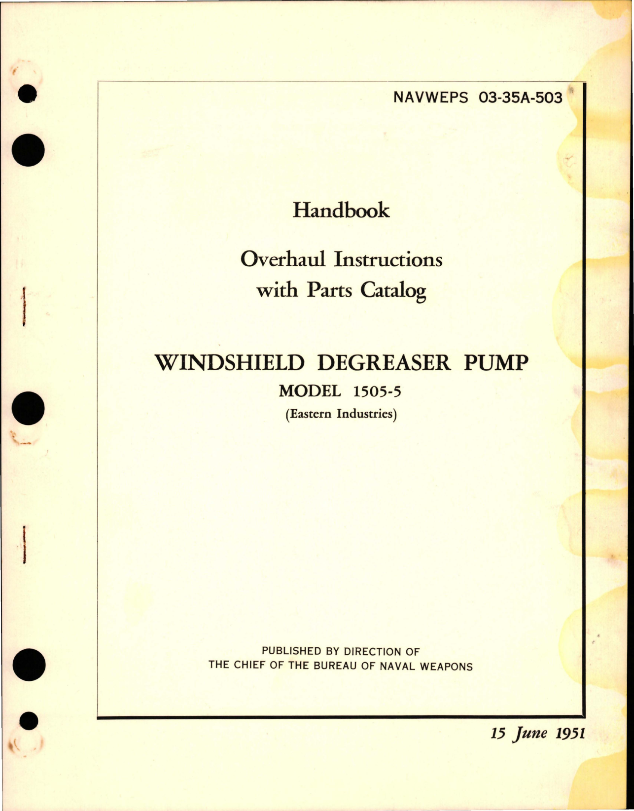 Sample page 1 from AirCorps Library document: Overhaul Instructions with Parts Catalog for Windshield Degreaser Pump - Model 1505-5 