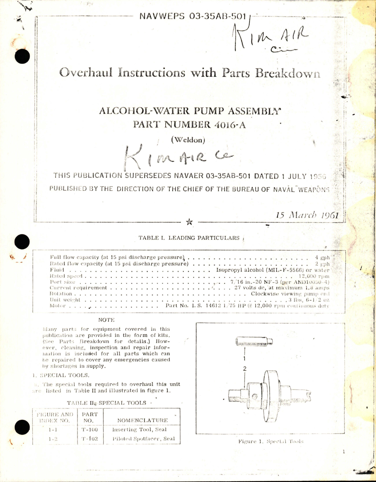 Sample page 1 from AirCorps Library document: Overhaul Instructions with Parts for Alcohol-Water Pump Assembly - Part 4016-A