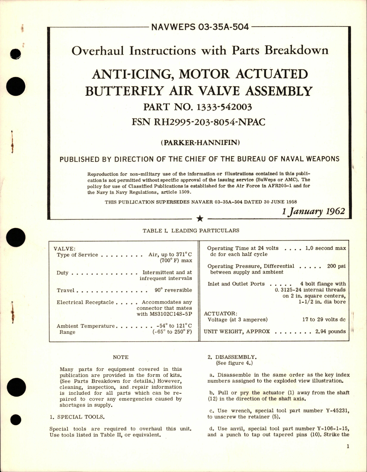 Sample page 1 from AirCorps Library document: Overhaul Instructions with Parts for Anti-Icing Motor Actuated Butterfly Air Valve Assembly - Part 1333-542003 
