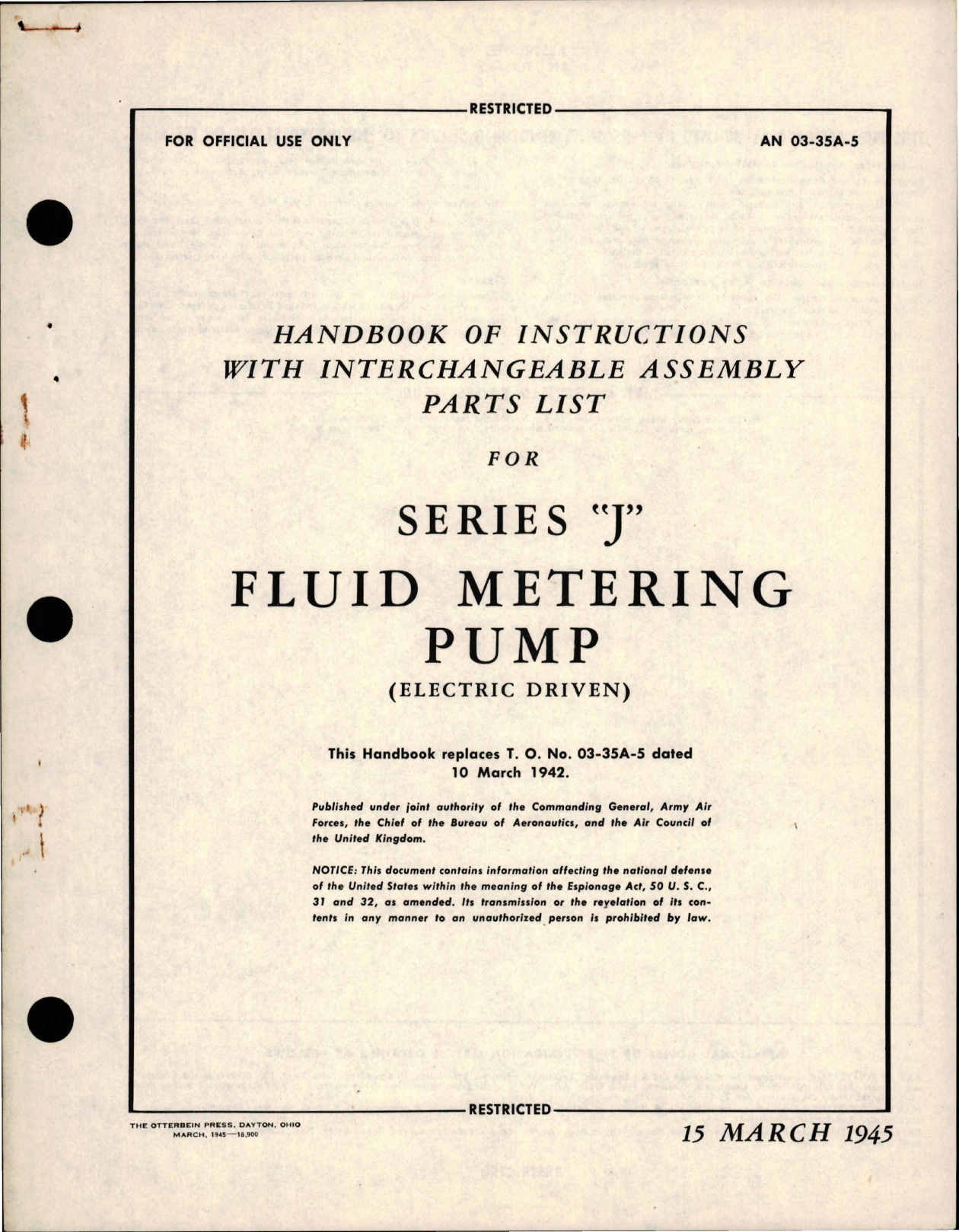 Sample page 1 from AirCorps Library document: Instructions with Interchangeable Assembly Parts List for Fluid Metering Pump - J Series - Electric Driven 