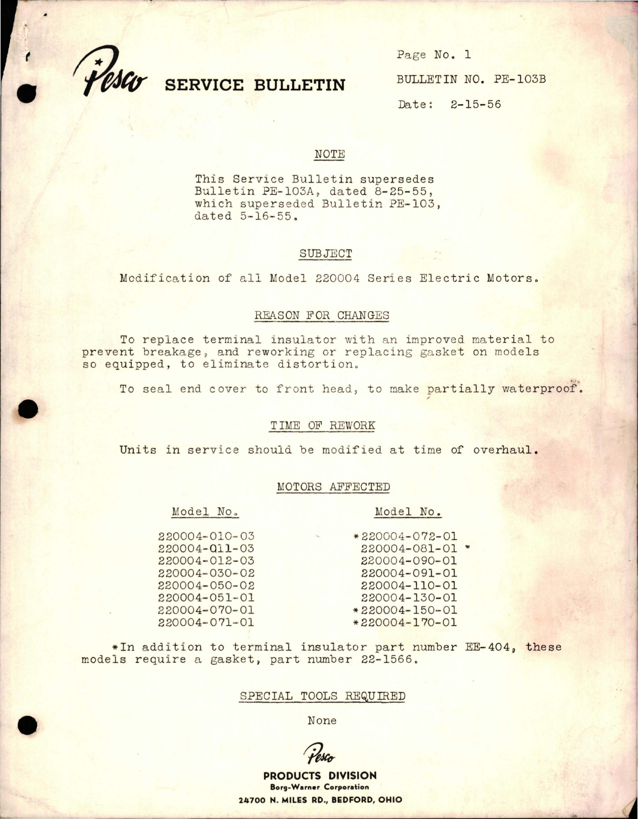 Sample page 1 from AirCorps Library document: Modification of all Model 220004 Series Electric Motors