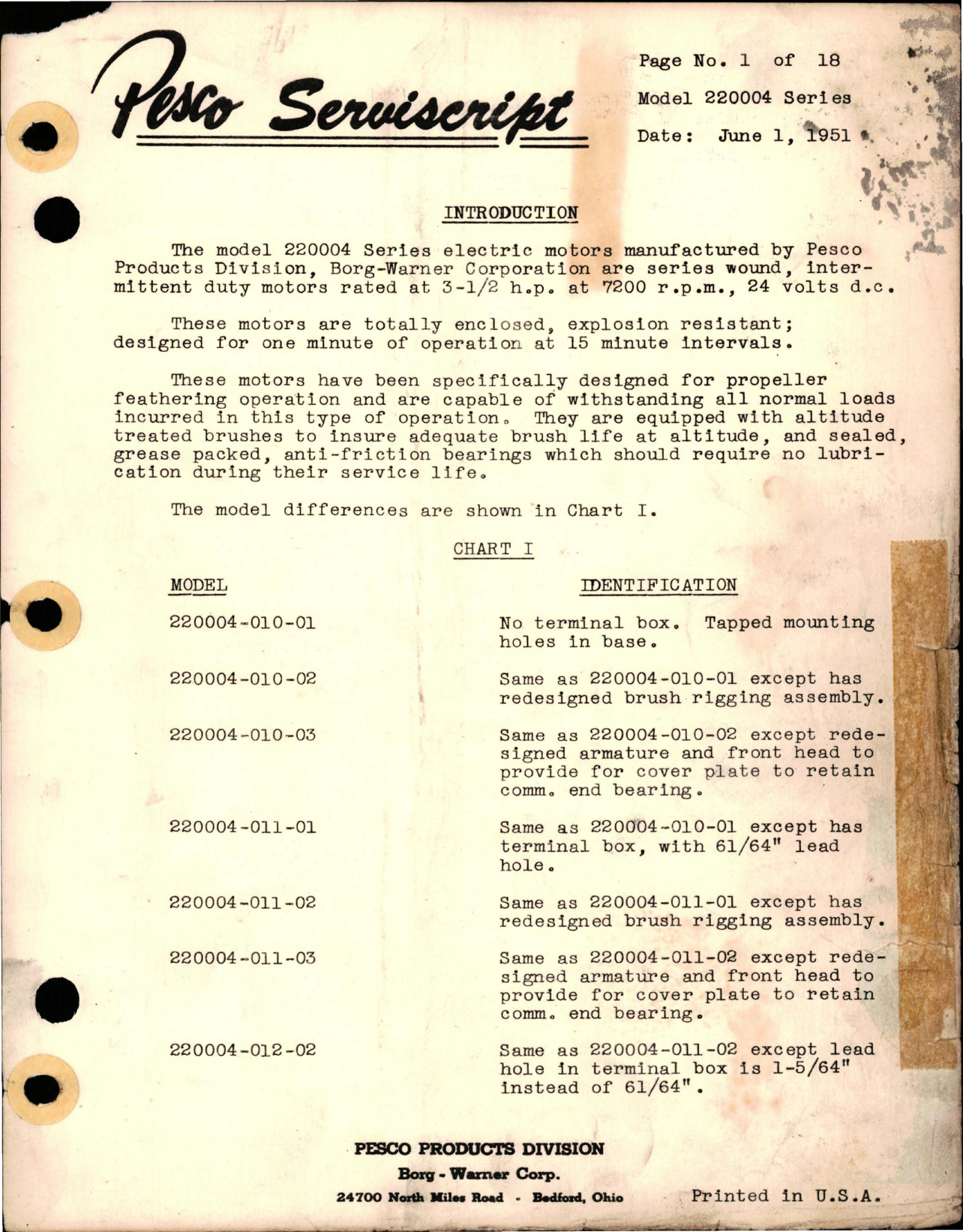 Sample page 1 from AirCorps Library document: Pesco Serviscript - Model 220004 Series Electric Motors