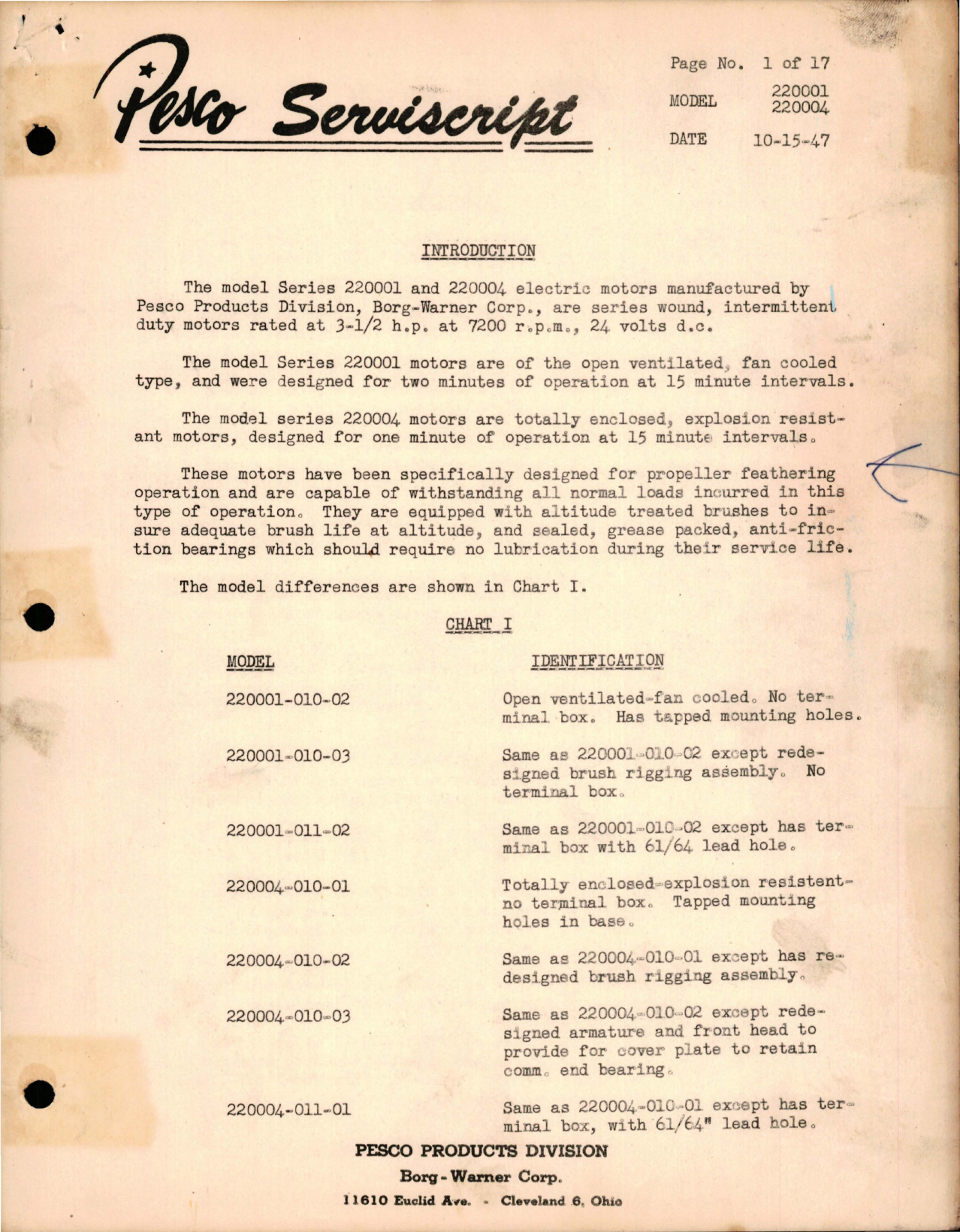 Sample page 1 from AirCorps Library document: Pesco Serviscript - Models 220001and 220004 Series Electric Motors