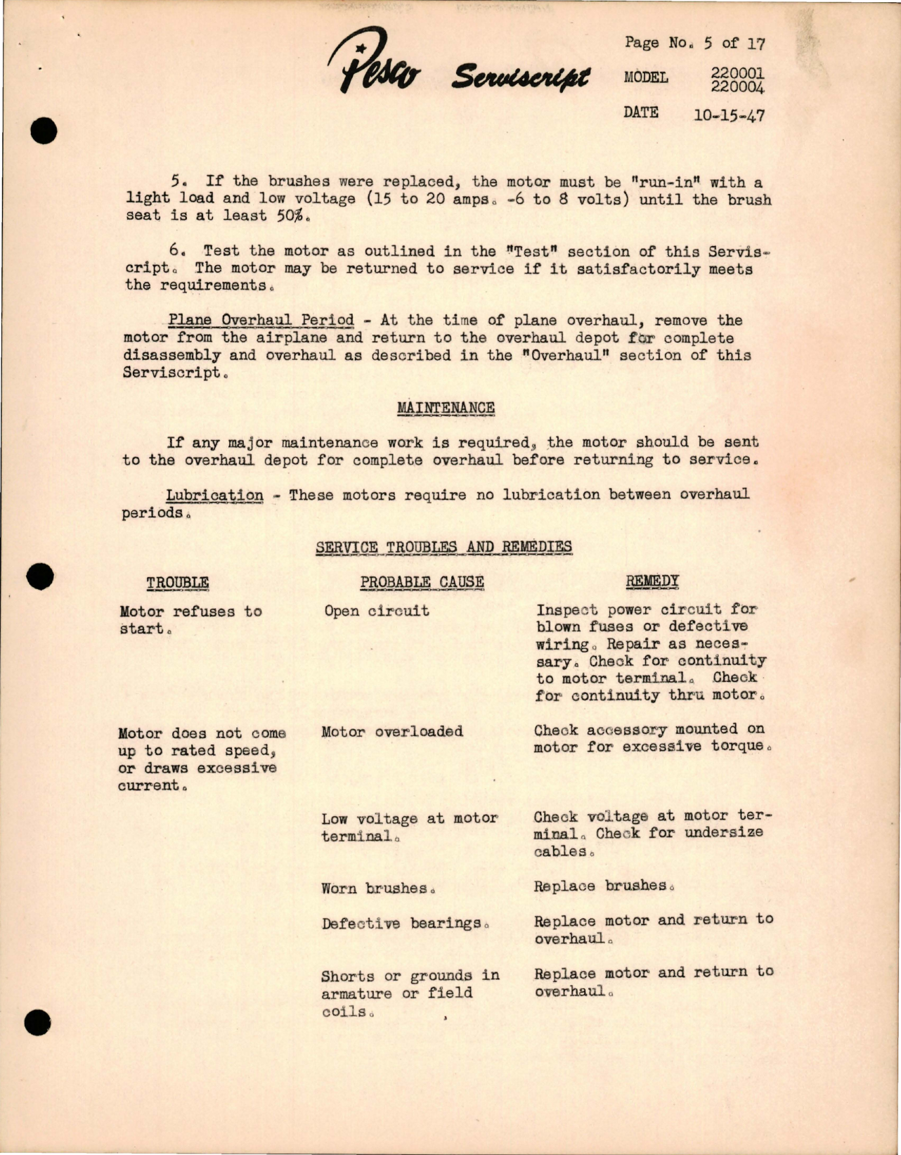 Sample page 5 from AirCorps Library document: Pesco Serviscript - Models 220001and 220004 Series Electric Motors