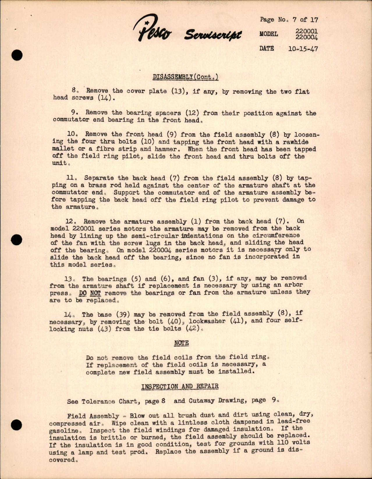 Sample page 7 from AirCorps Library document: Pesco Serviscript - Models 220001and 220004 Series Electric Motors