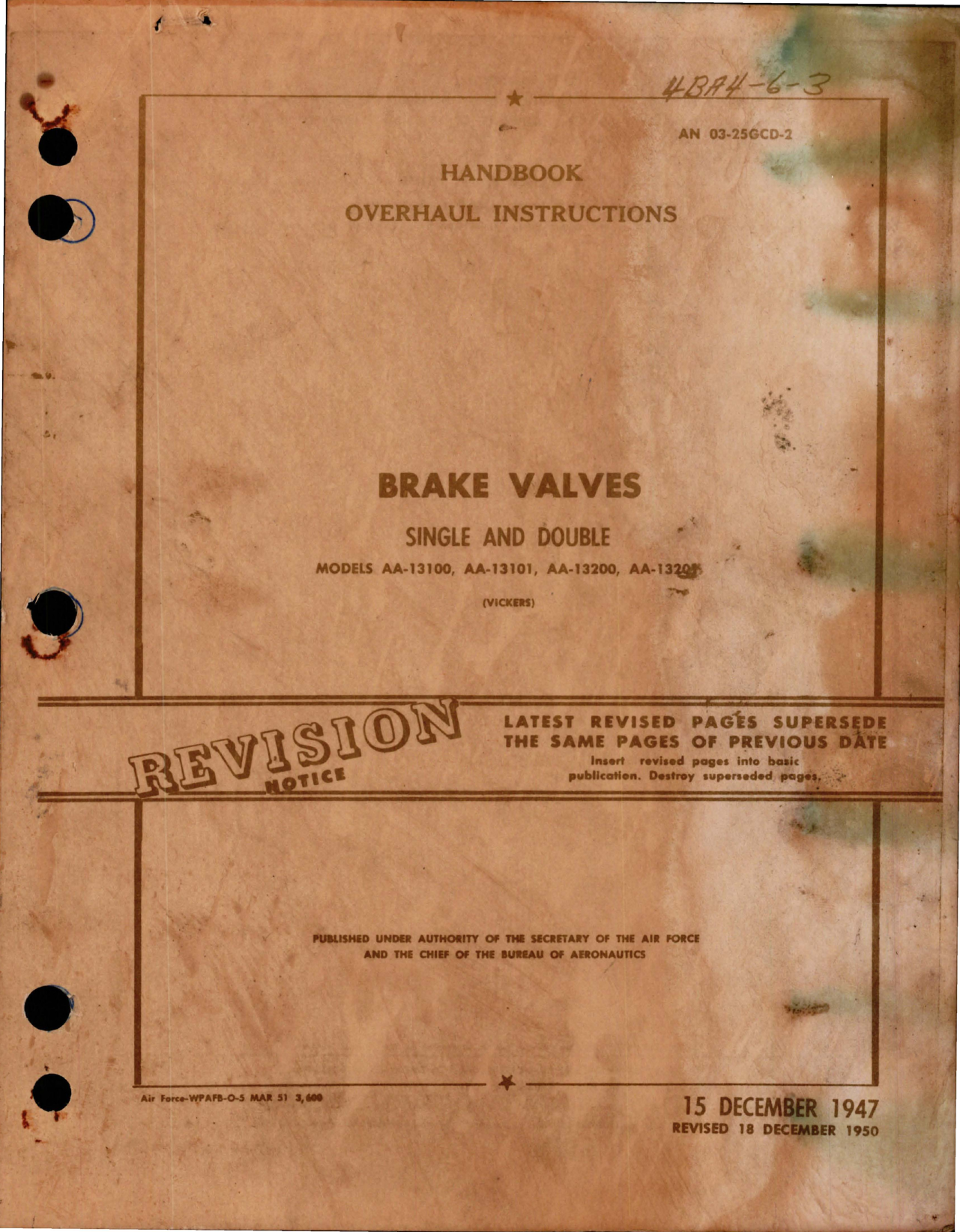 Sample page 1 from AirCorps Library document: Overhaul Instructions for Single & Double Brake Valves - Models AA-13100, AA-13101, AA-13200, and AA13201