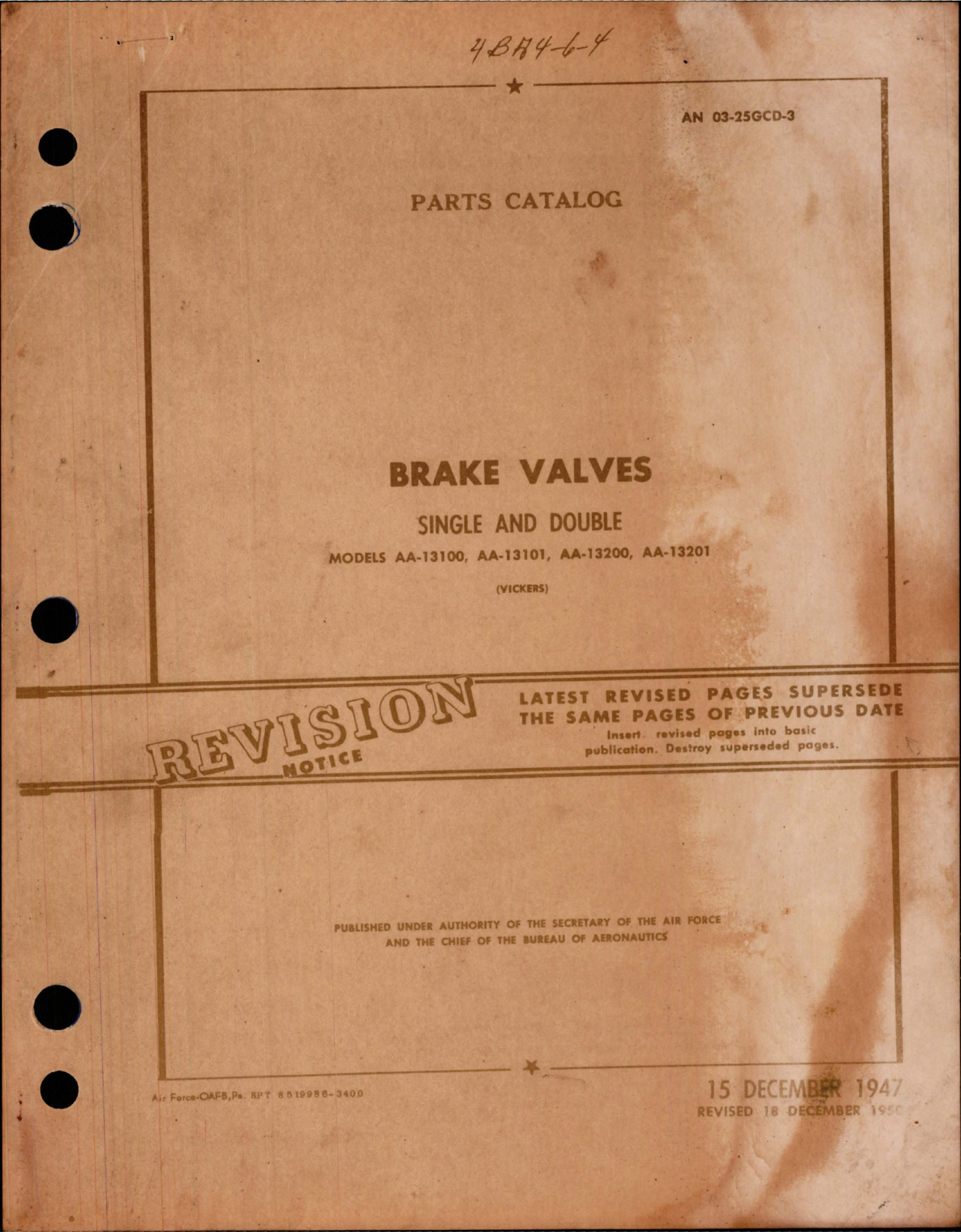 Sample page 1 from AirCorps Library document: Parts Catalog for Single & Double Brake Valves - Models AA-13100, AA-13101, AA-13200, and AA-131201