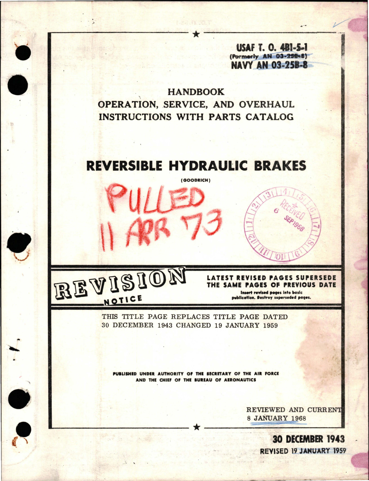 Sample page 1 from AirCorps Library document: Operation, Service, Overhaul Instructions with Parts Catalog for Reversible Hydraulic Brakes