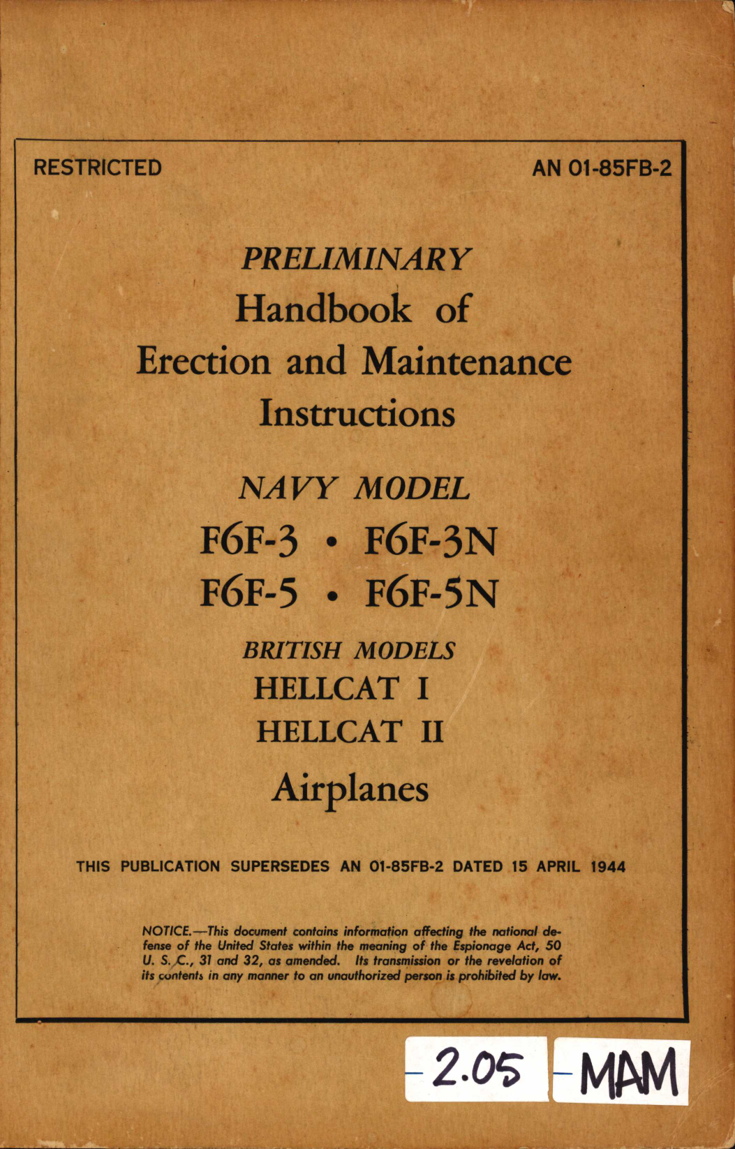 Sample page 1 from AirCorps Library document: Erection and Maintenance for F6F-3, F6F-3N, F6F-5, and F6F-5N 