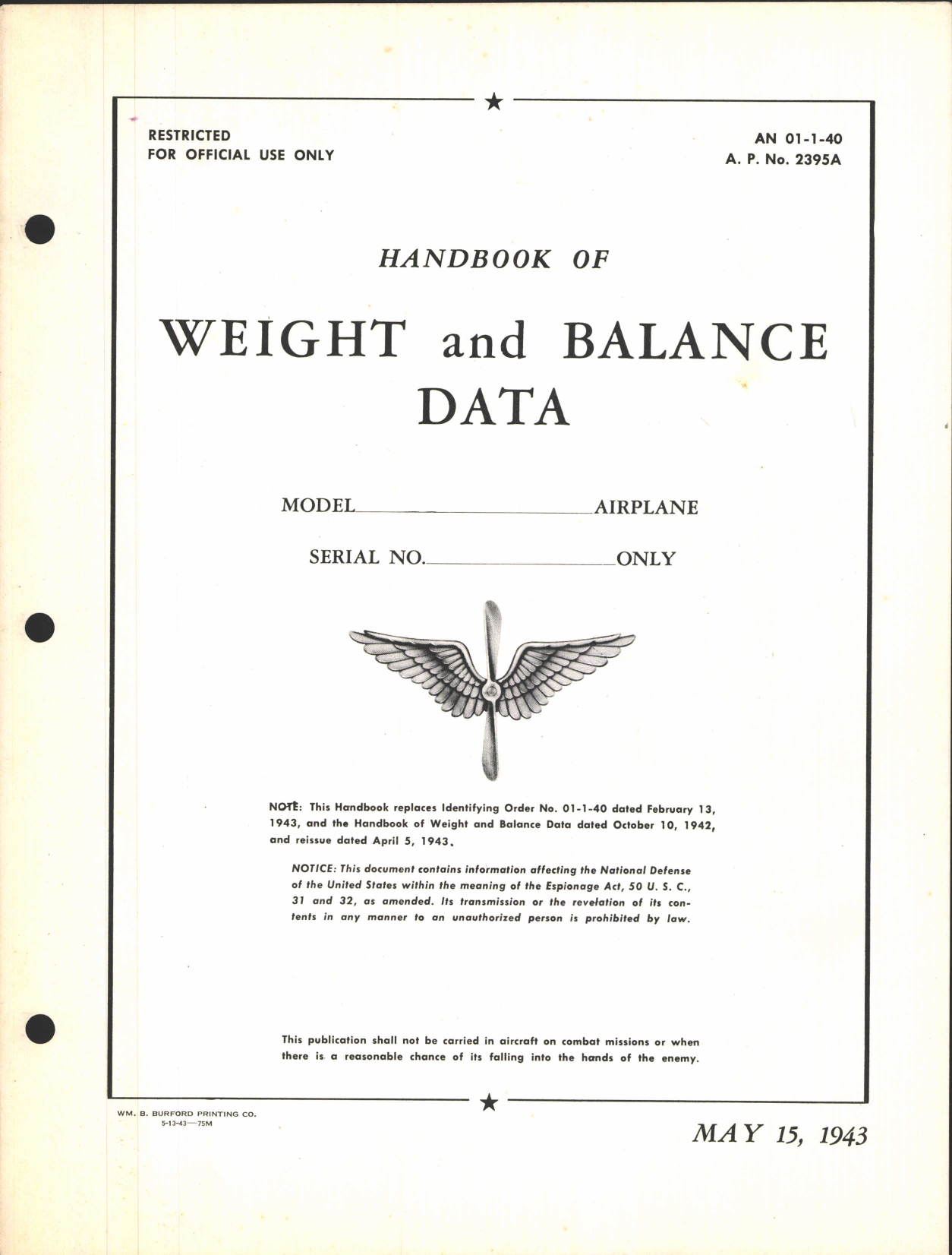 Sample page 1 from AirCorps Library document: Handbook of Weight and Balance Data