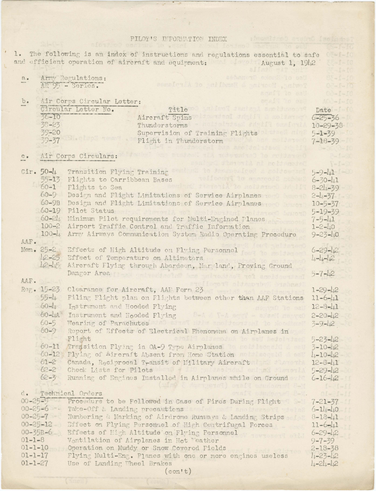 Sample page 1 from AirCorps Library document: Pilot's Information Index