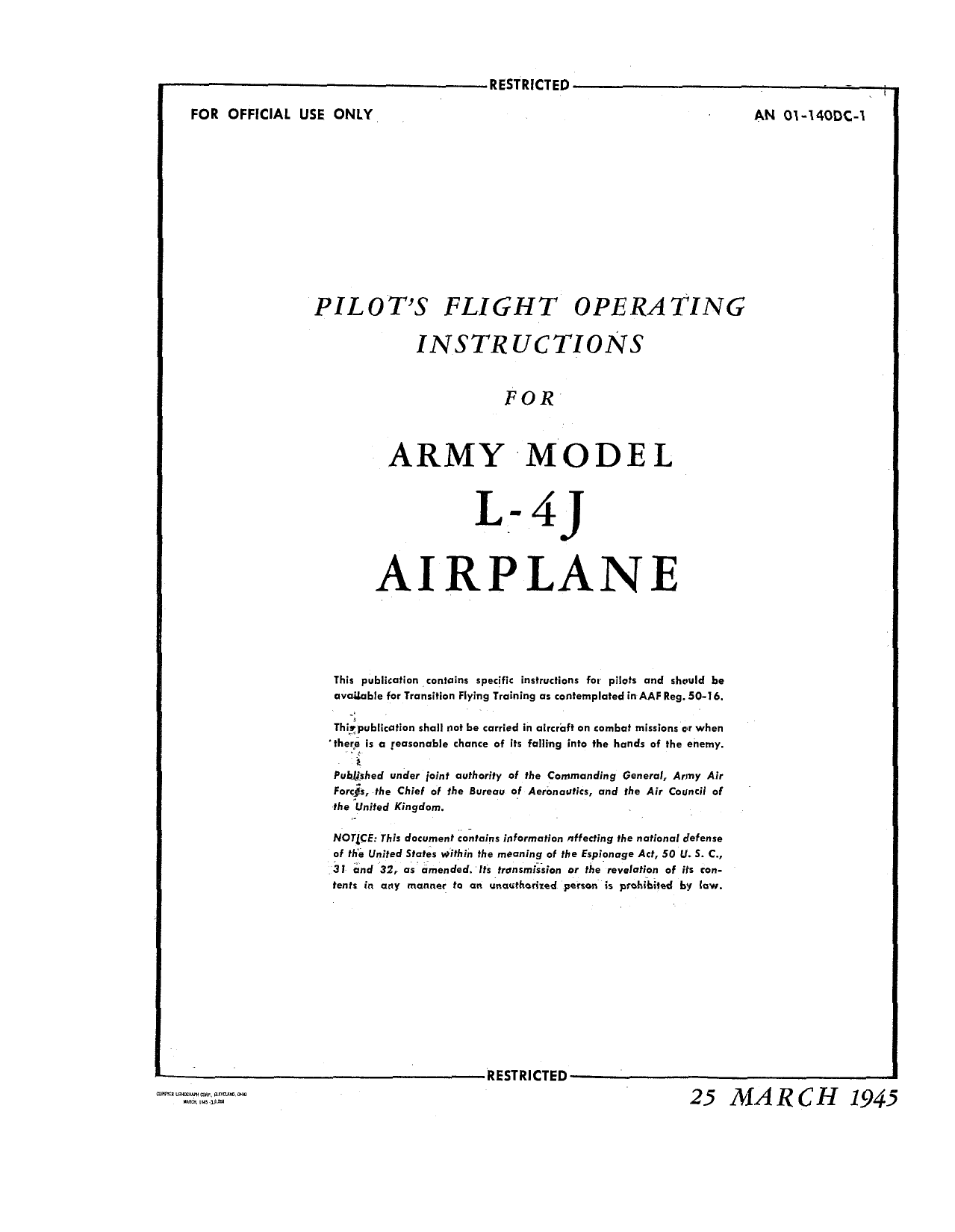 Sample page 1 from AirCorps Library document: Pilot's Flight Operating Instructions for Army Model L-4J