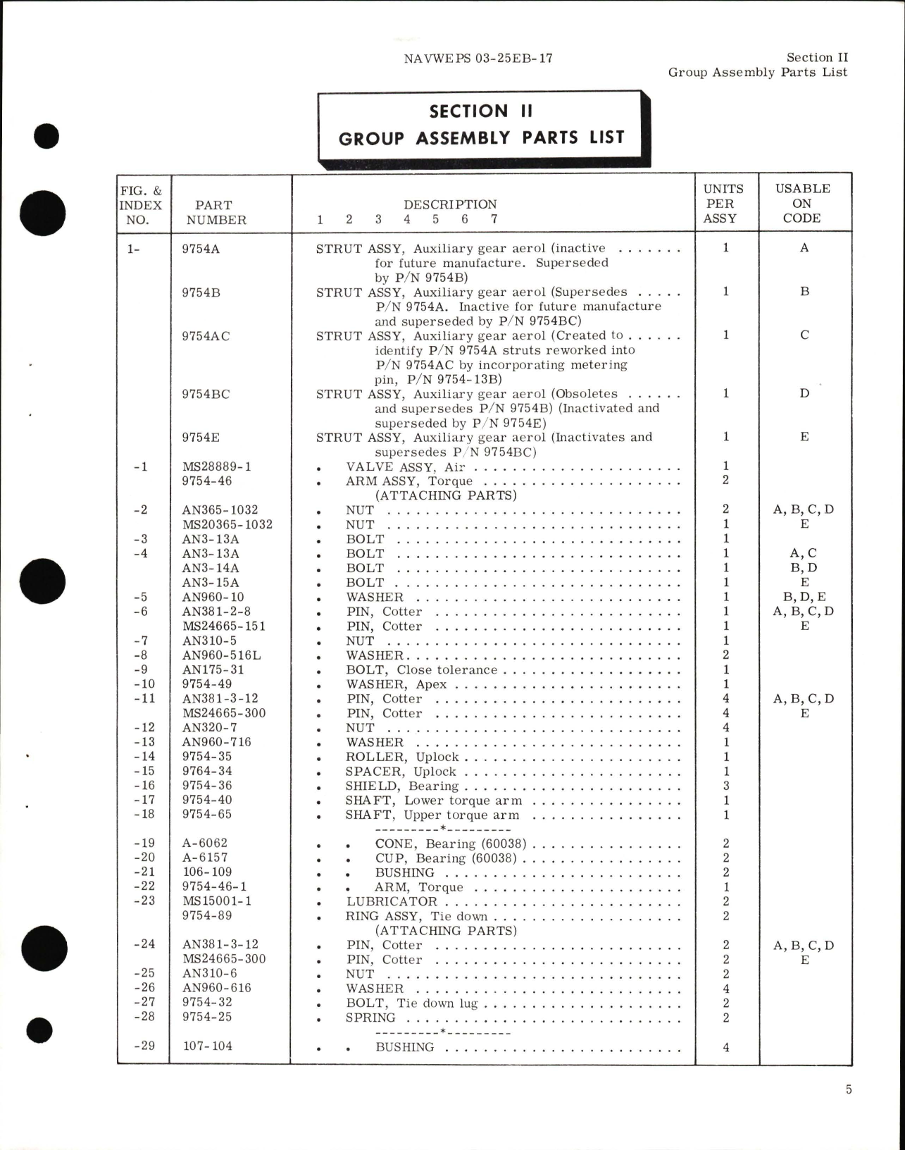 Sample page 7 from AirCorps Library document: Illustrated Parts for Auxiliary Gear Aerol Strut Assembly Part No. 9754A, 9754B, 9754 AC, 9754BC, and 9754E